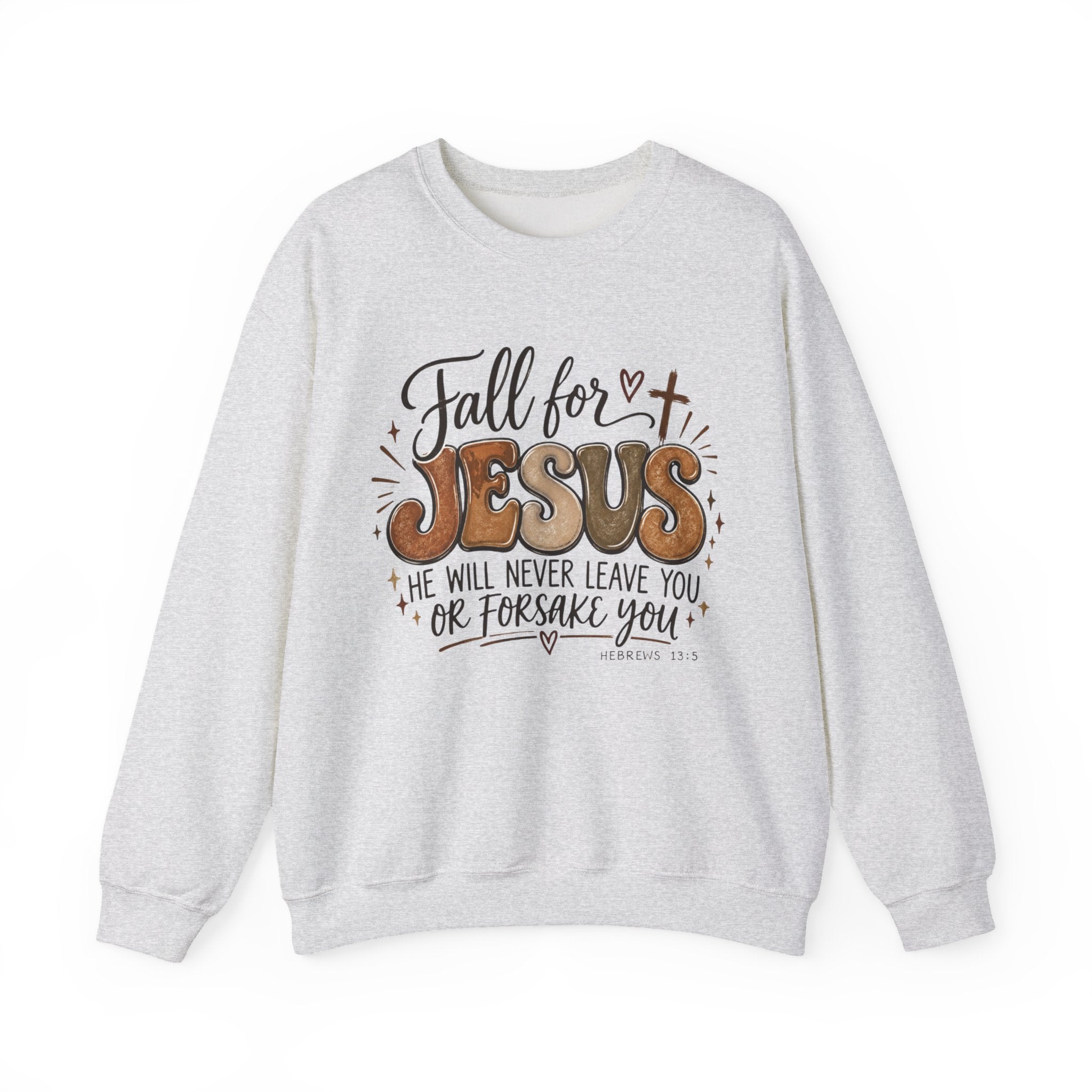 A light heather gray crewneck sweatshirt featuring a graphic print on the front with the text 'Fall for JESUS' in brown and gold tones, accompanied by a cross and scripture reference John 8:32.