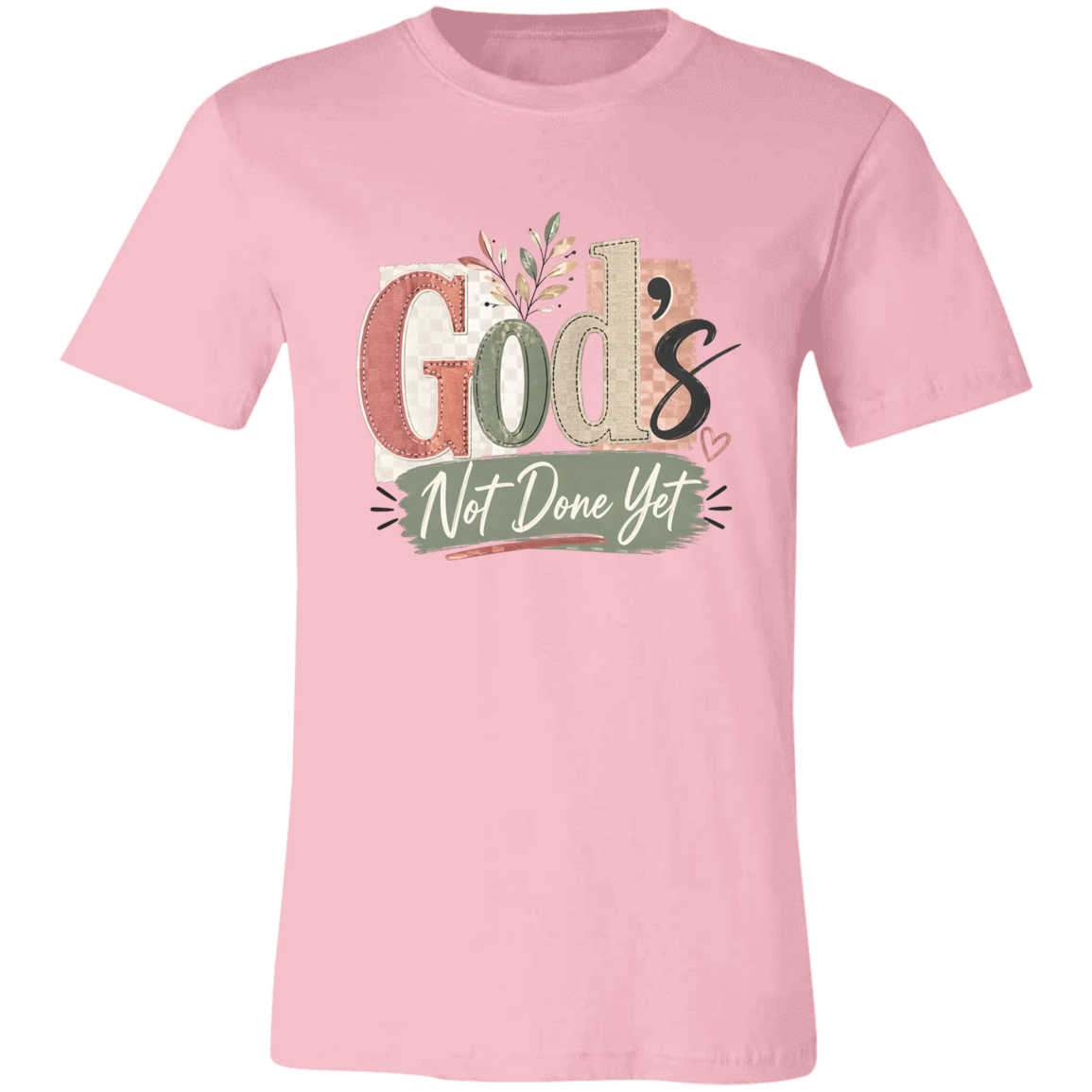 Light Pink t-shirt with 'God's Not Done Yet' text design on a white background