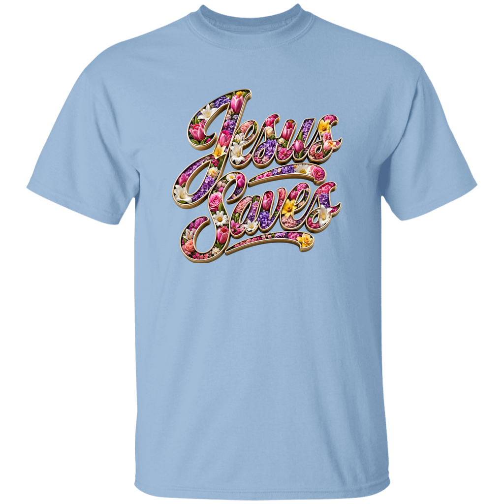 Light blue t-shirt with 'Jesus Loves' text in colorful design on a white background