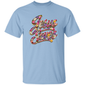 Light blue t-shirt with 'Jesus Loves' text in colorful design on a white background
