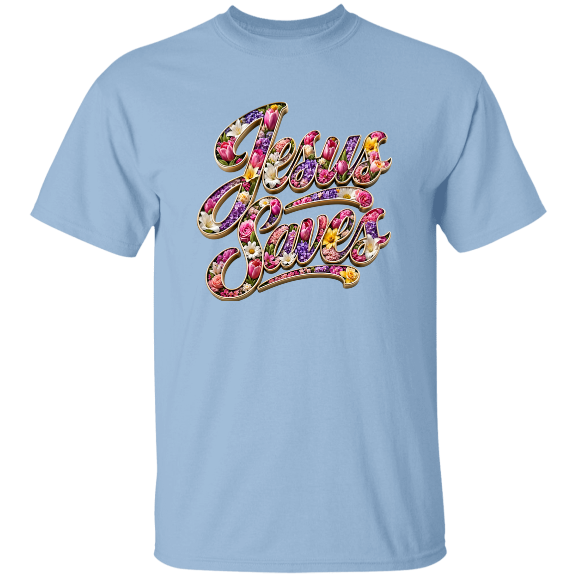 Light blue t-shirt with 'Jesus Loves' text in colorful design on a white background