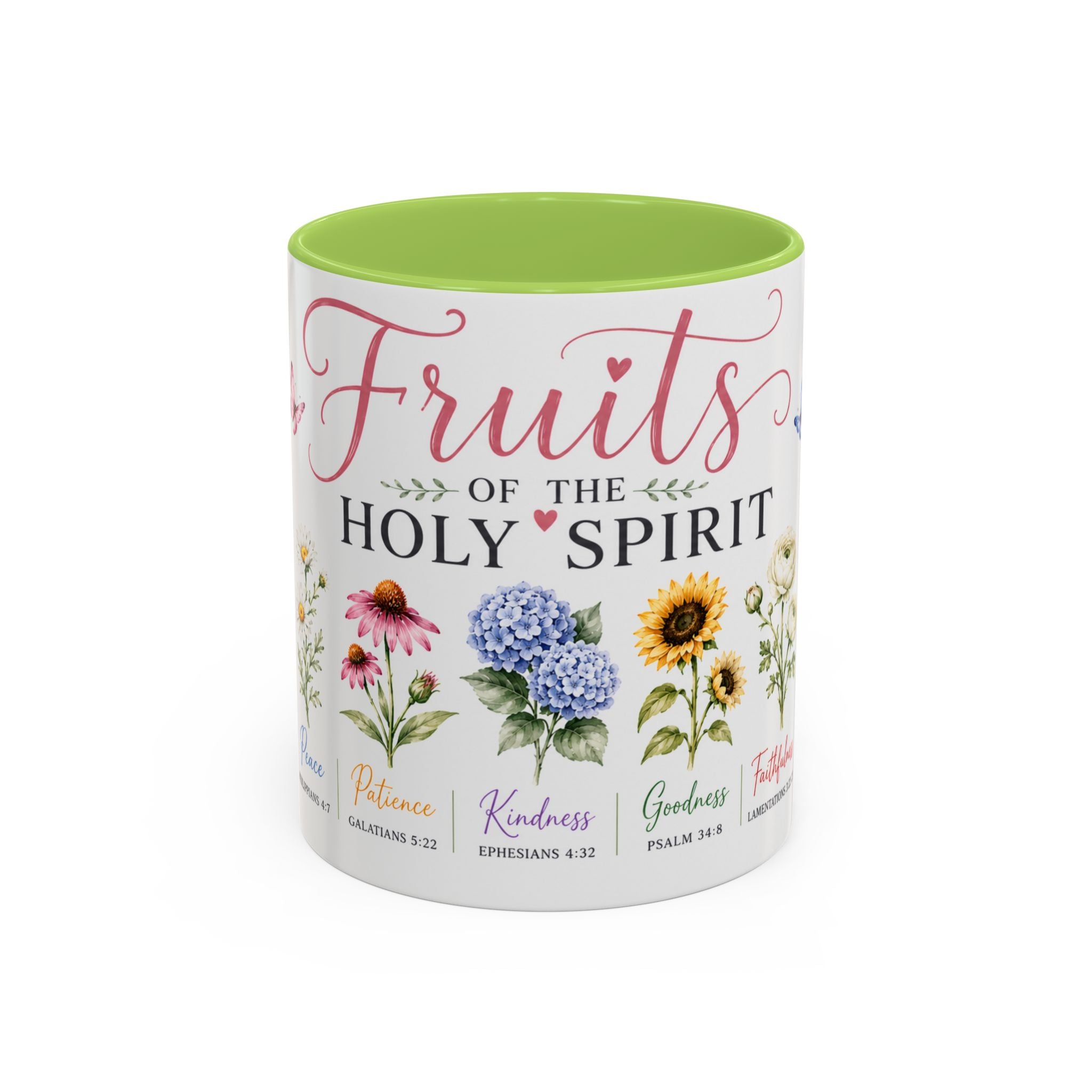 11 oz Mug with floral designs and text about the fruits of the Holy Spirit on a white background