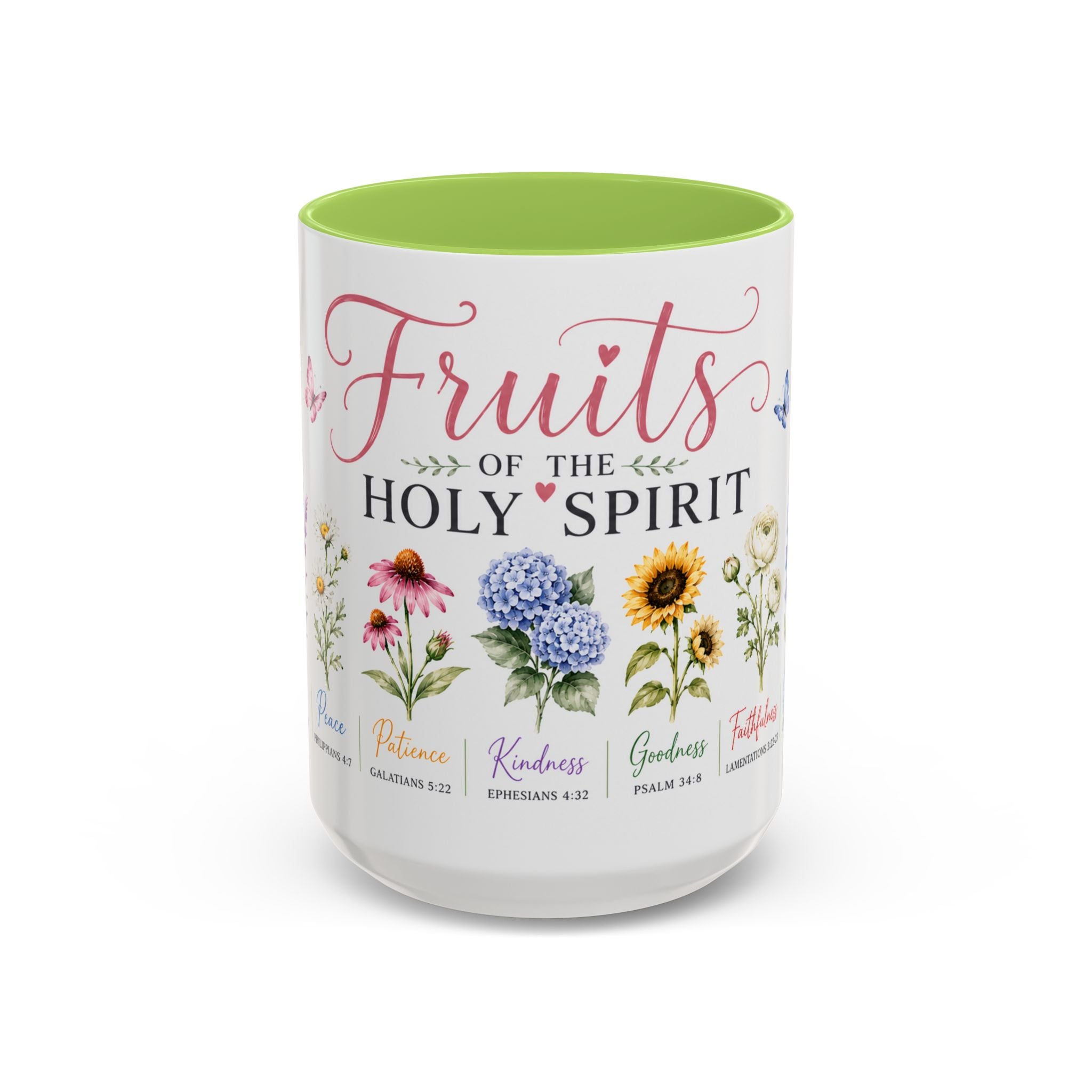 15 oz Mug with 'Fruits of the Holy Spirit' design featuring flowers and verses on a white background