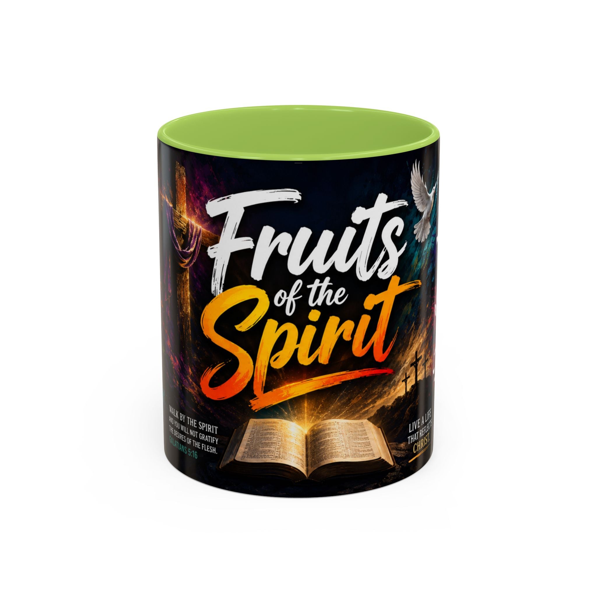 Light Green Mug with 'Fruits of the Spirit' design on a white background