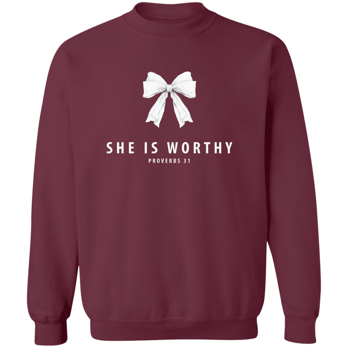 Maroon sweatshirt with a white bow and text 'SHE IS WORTHY Proverbs 31' on a white background