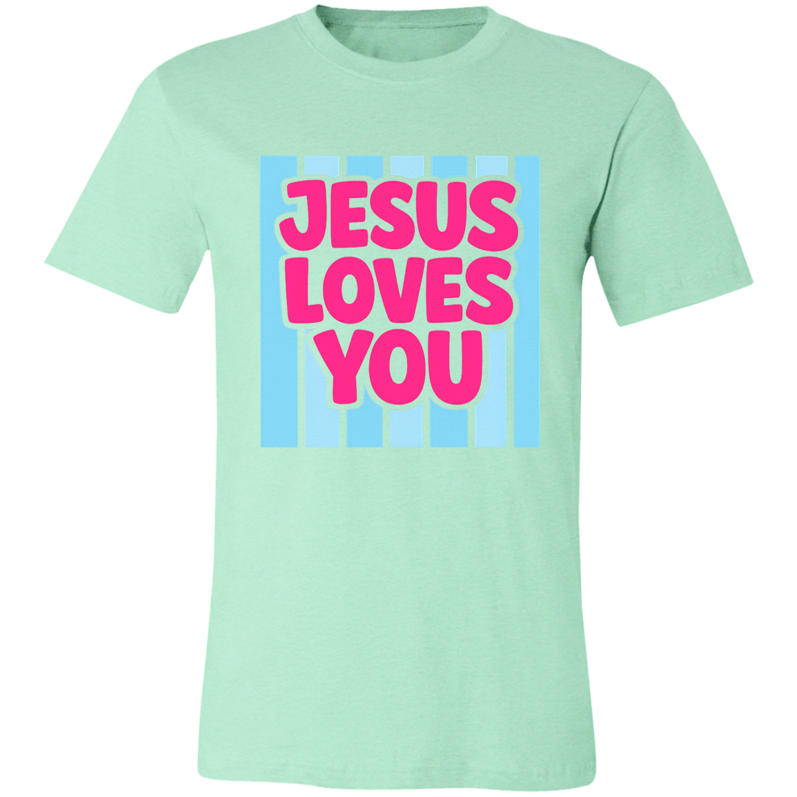Mint green t-shirt with 'Jesus Loves You' text in pink and blue on a white background