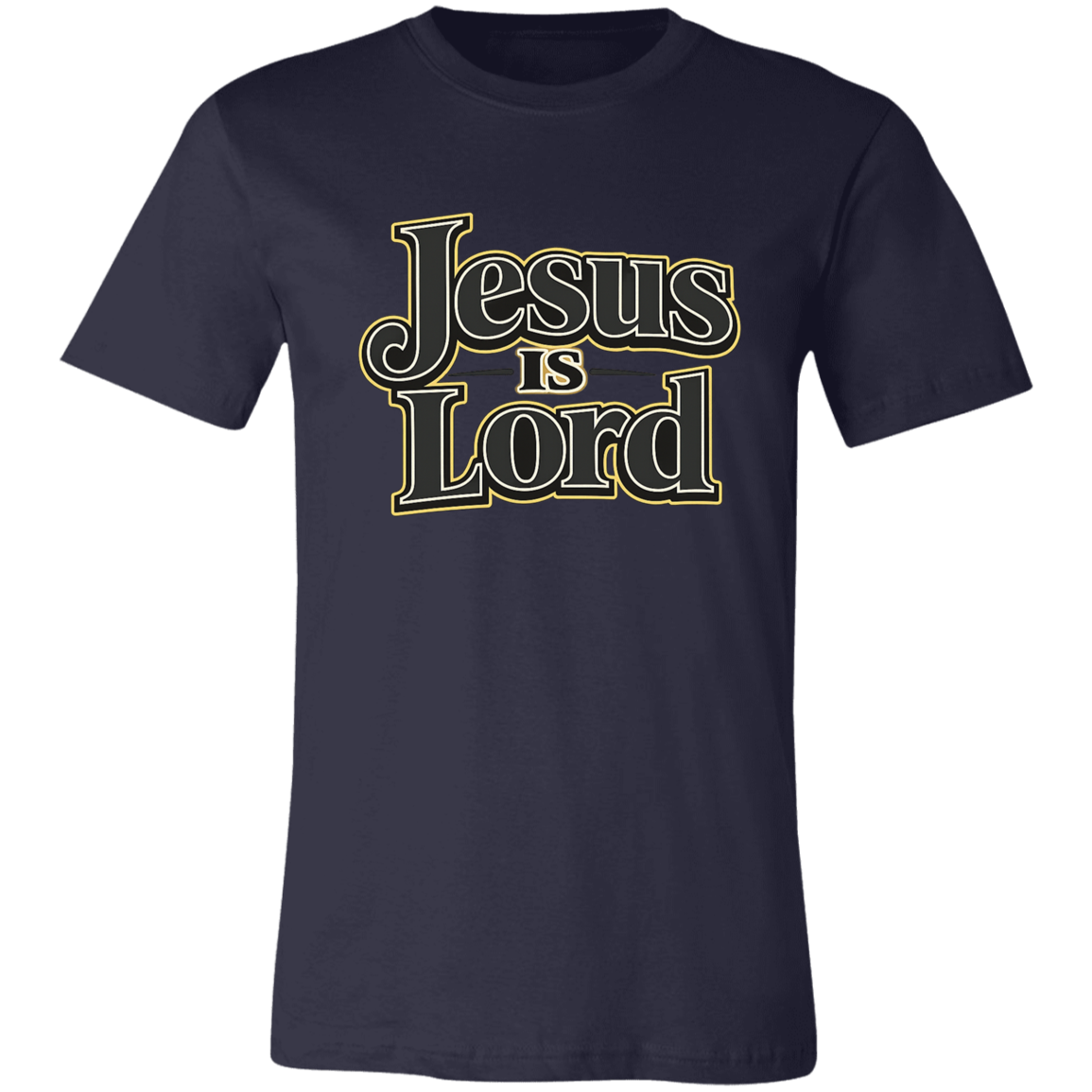 Navy blue t-shirt with 'Jesus is Lord' text in gold on a white background