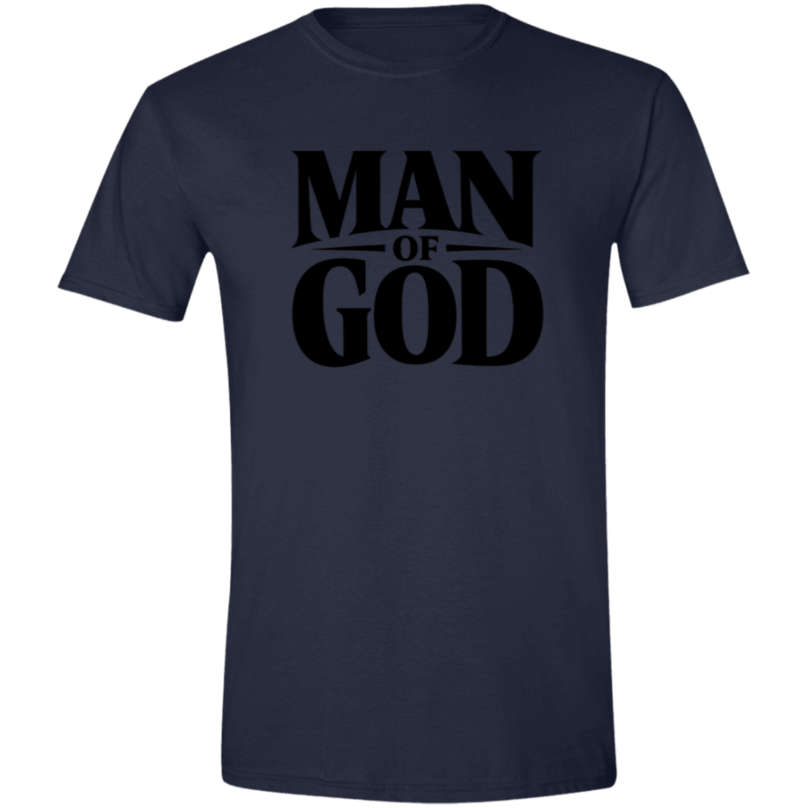 Navy blue t-shirt with 'Man of God' text on a white background