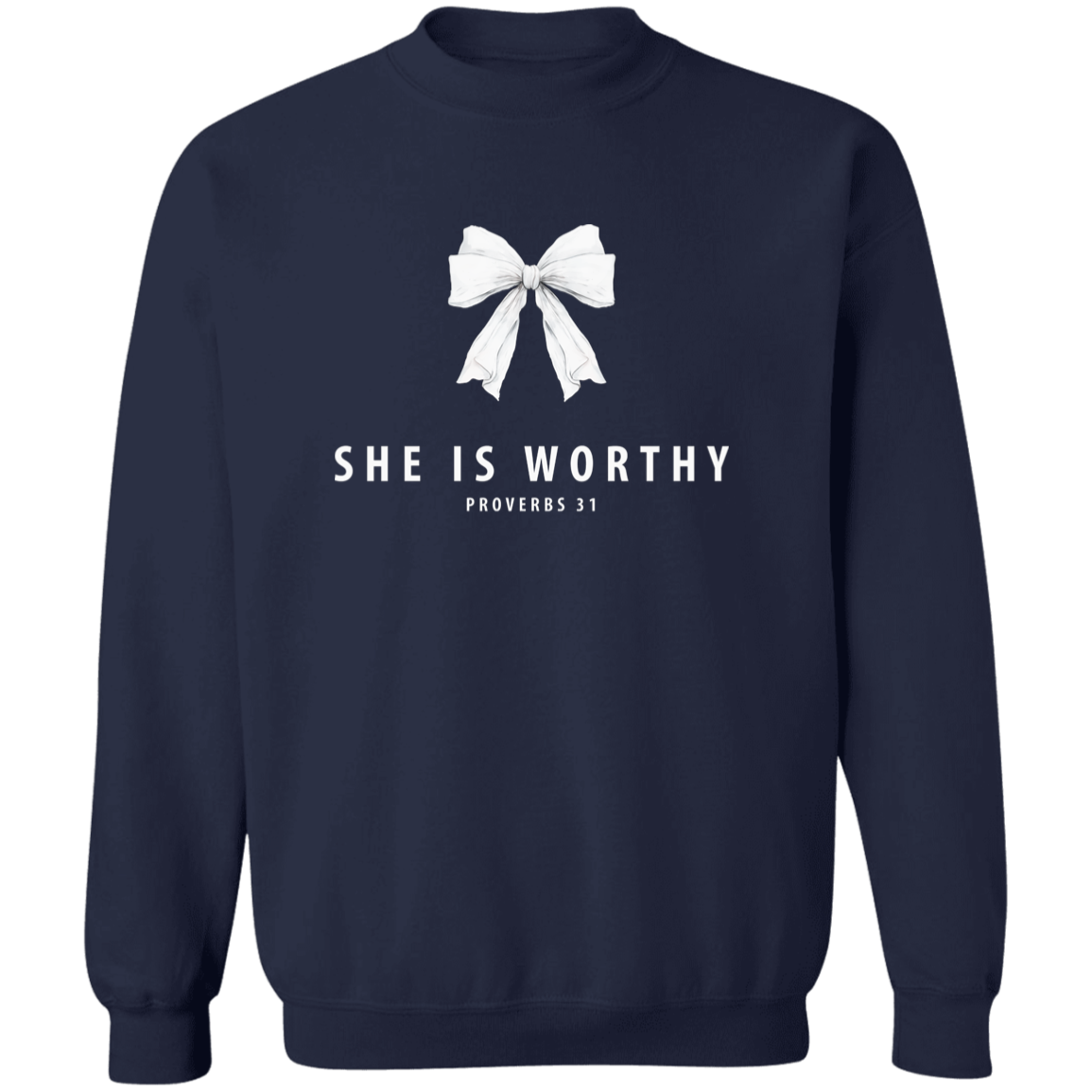Navy blue sweatshirt with a white bow and she is worthy Proverbs 31 scripture on a white background