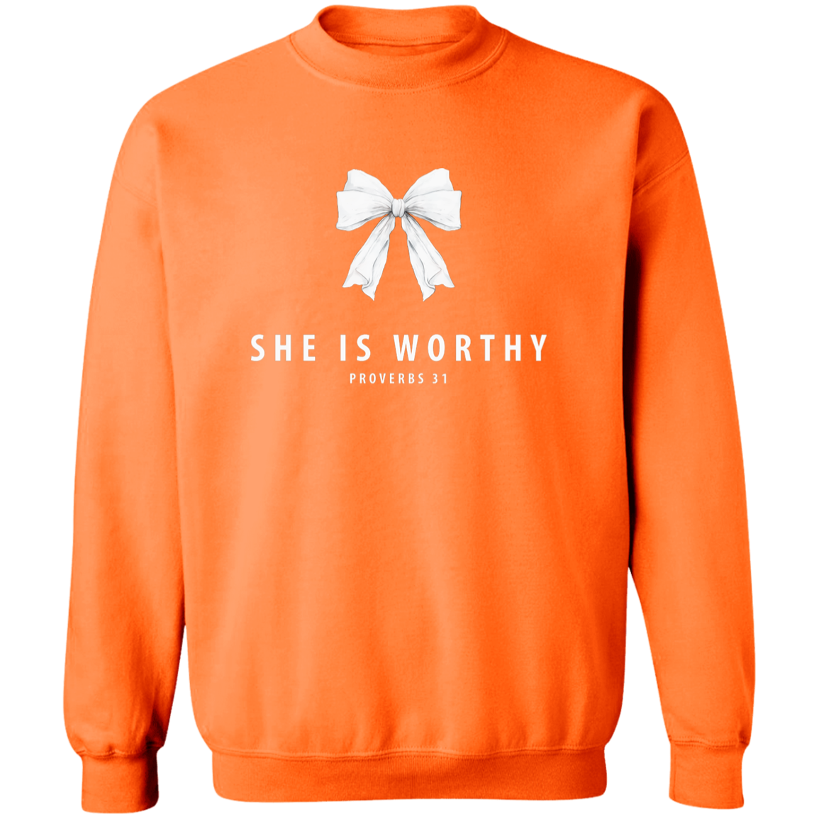 Orange sweatshirt with a white bow and she is worthy Proverbs 31 scripture on a white background