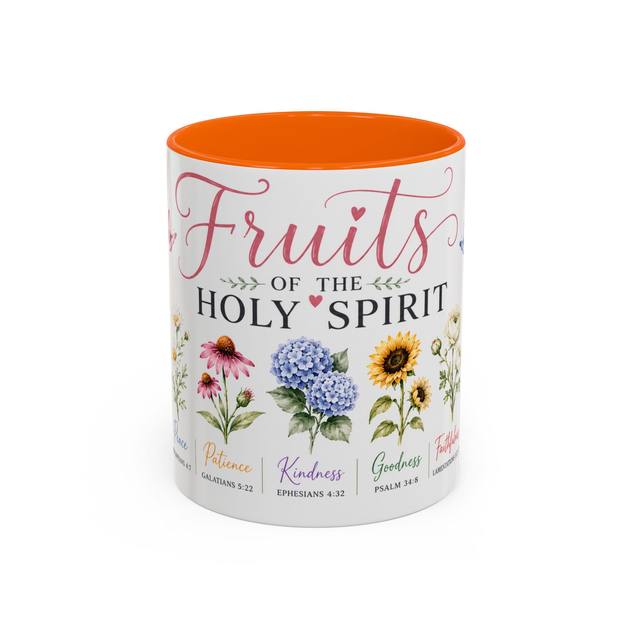 11 oz Mug with floral designs and text about the fruits of the Holy Spirit on a white background