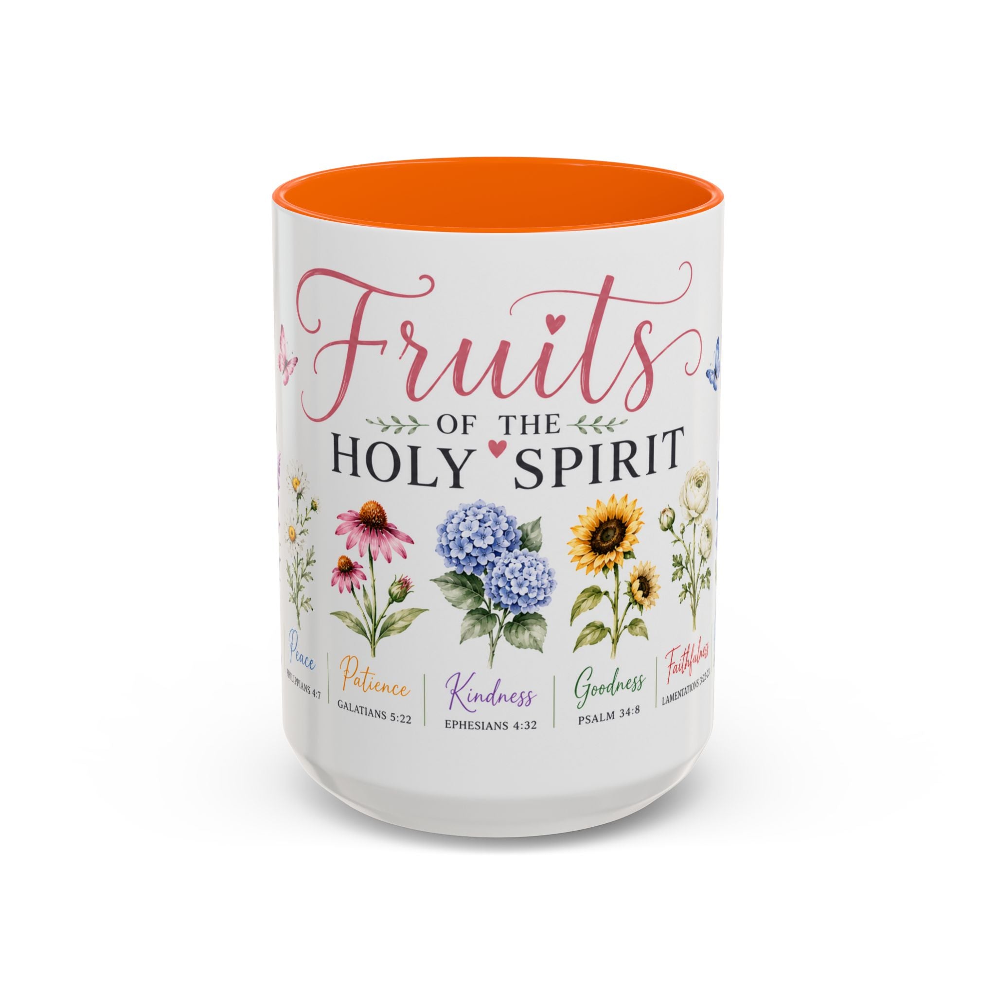 15 oz Mug with floral designs and text about fruits of the Holy Spirit on a white background