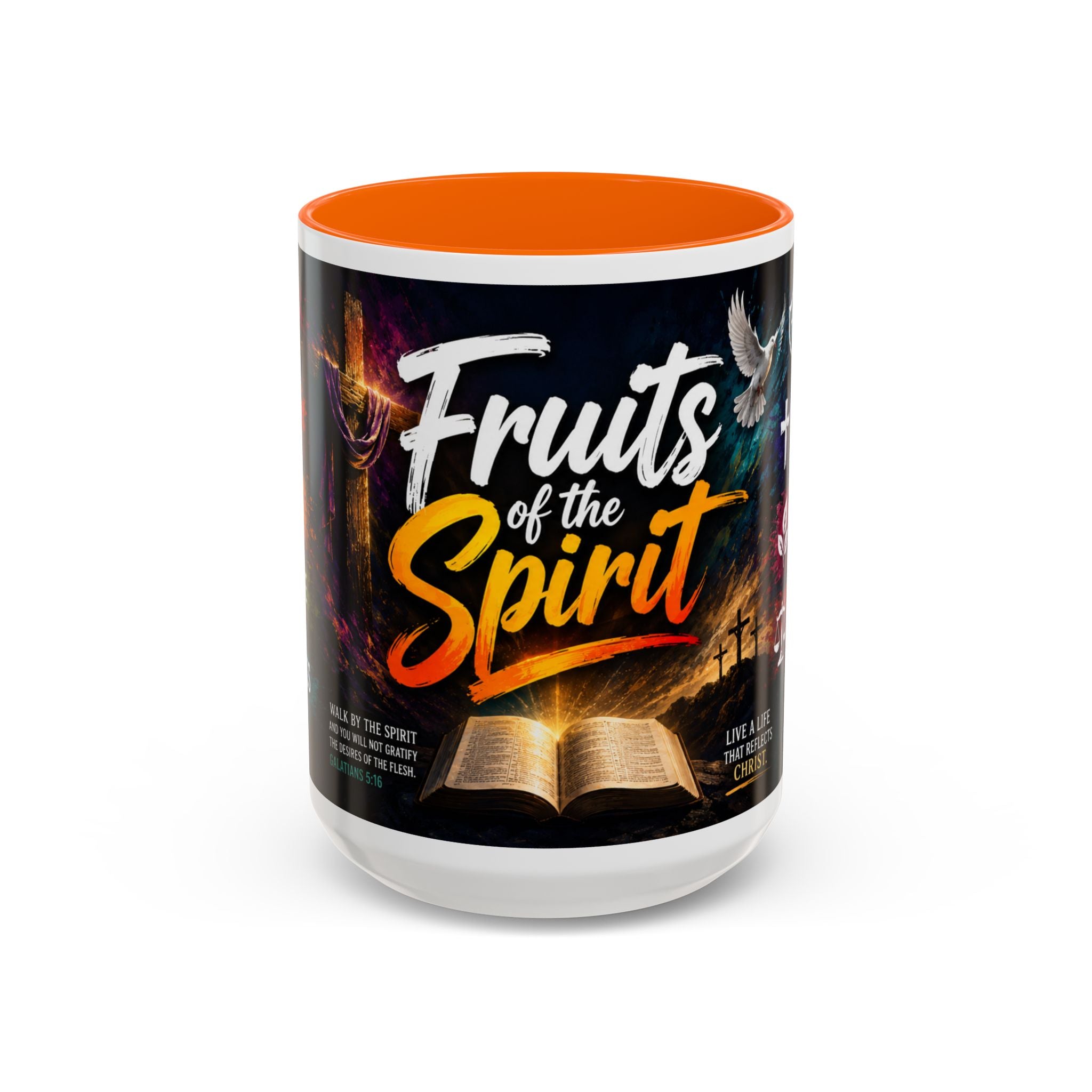Orange 15oz Tumbler with 'Fruits of the Spirit' design on a white background
