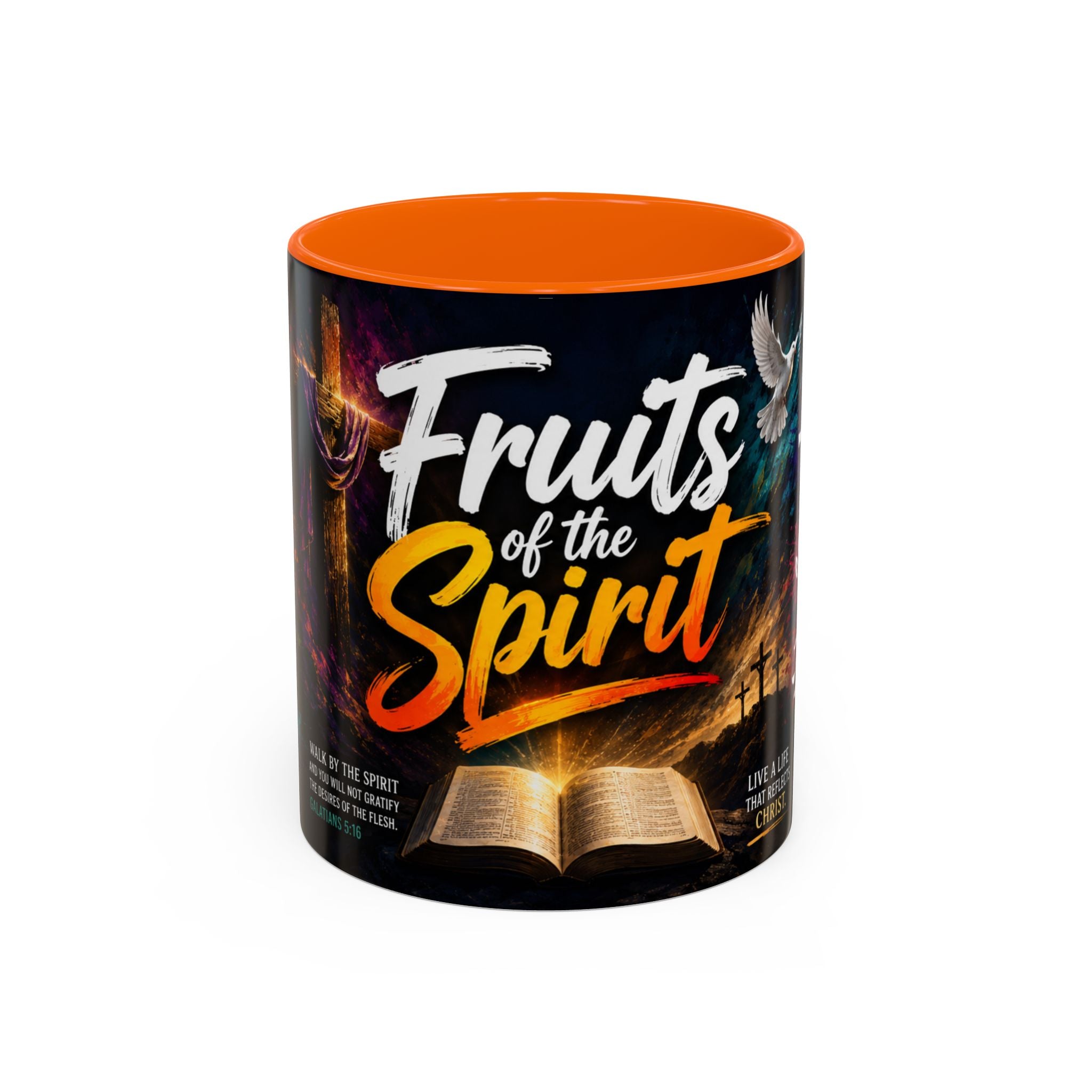 Orange Mug with 'Fruits of the Spirit' text and colorful design on a white background