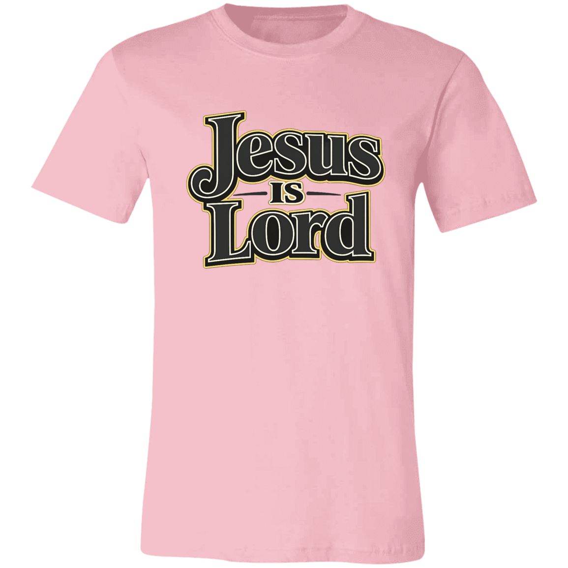 Pink t-shirt with 'Jesus is Lord' text on a white background
