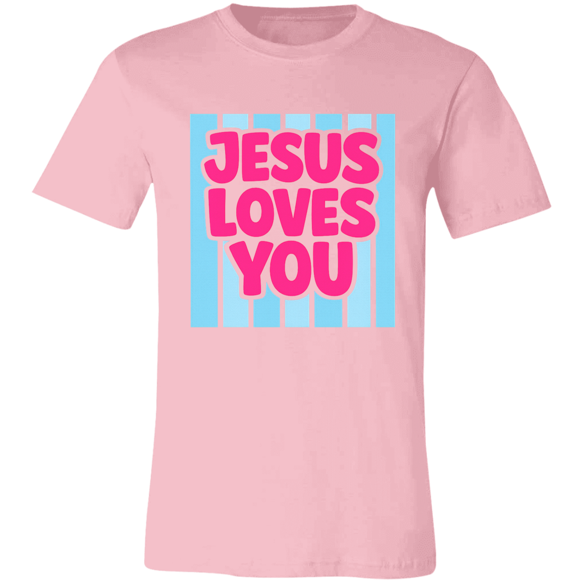 Pink t-shirt with 'Jesus Loves You' text on a white background