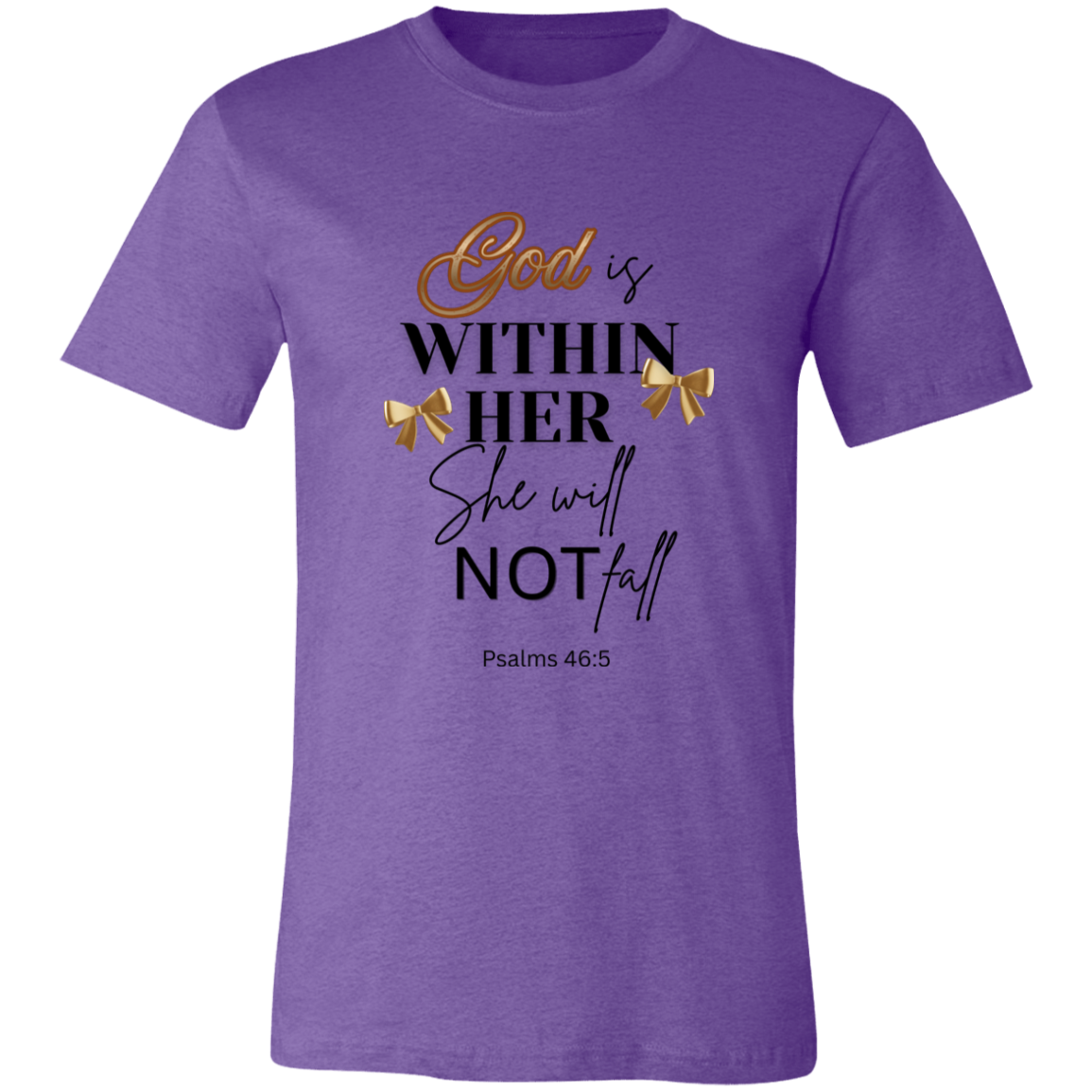 Purple t-shirt with motivational quote and gold bows on a white background