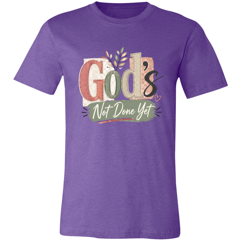 Purple t-shirt with 'God's Not Done Yet' text design on a white background