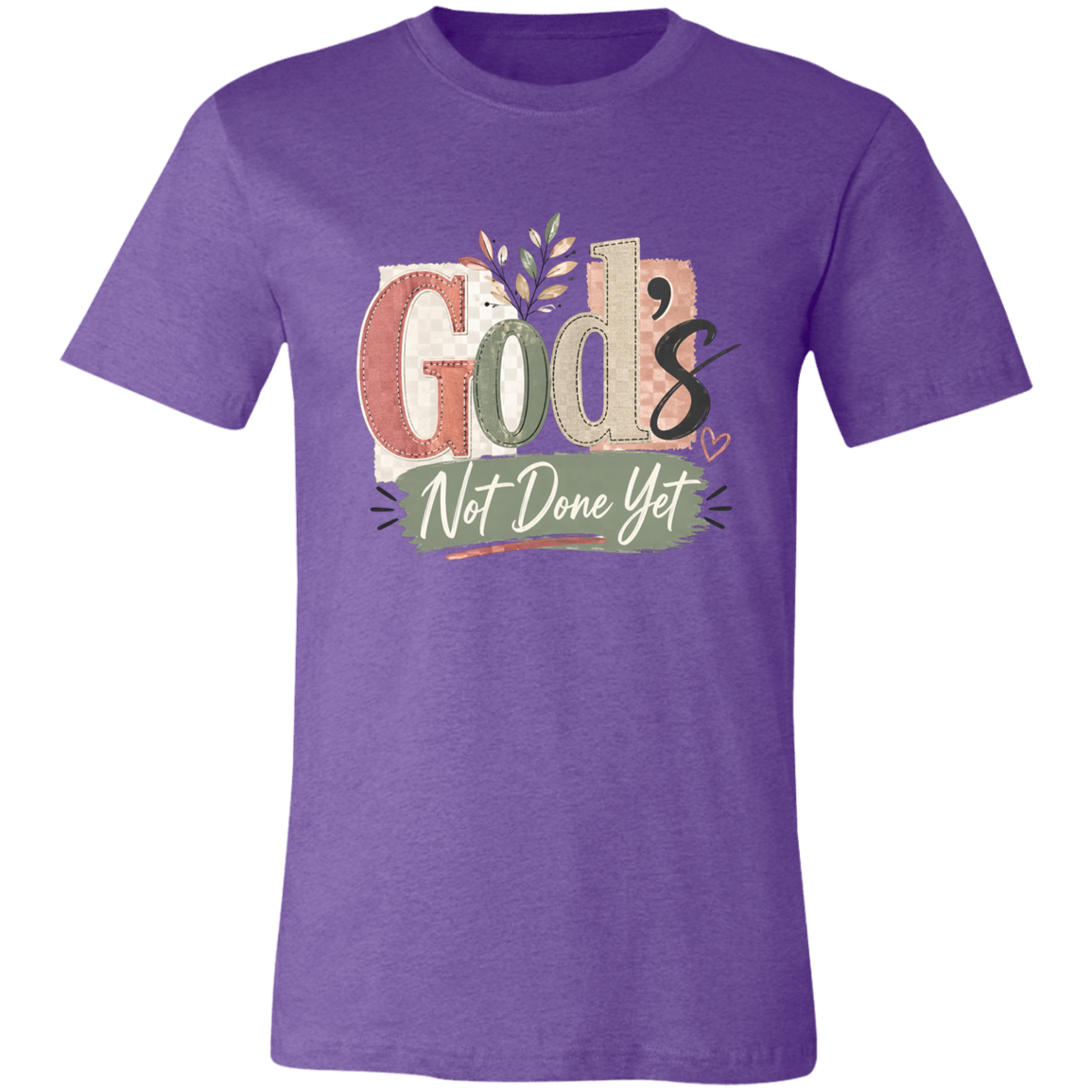 Purple t-shirt with 'God's Not Done Yet' text design on a white background