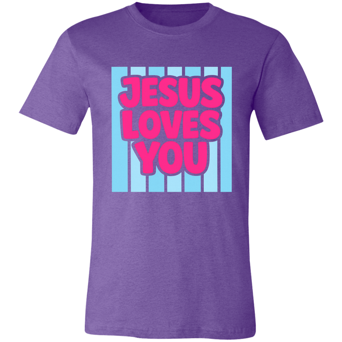 Purple t-shirt with 'Jesus Loves You' text in pink and blue on a white background
