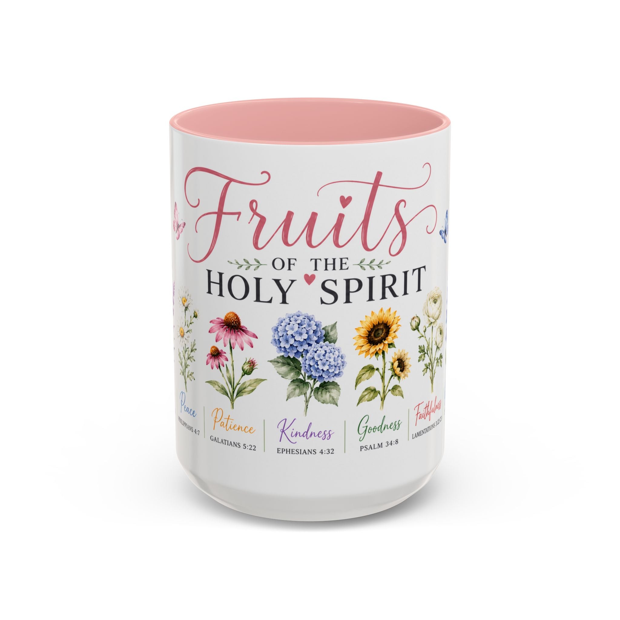 15 oz Mug with 'Fruits of the Holy Spirit' text and floral illustrations on a white background