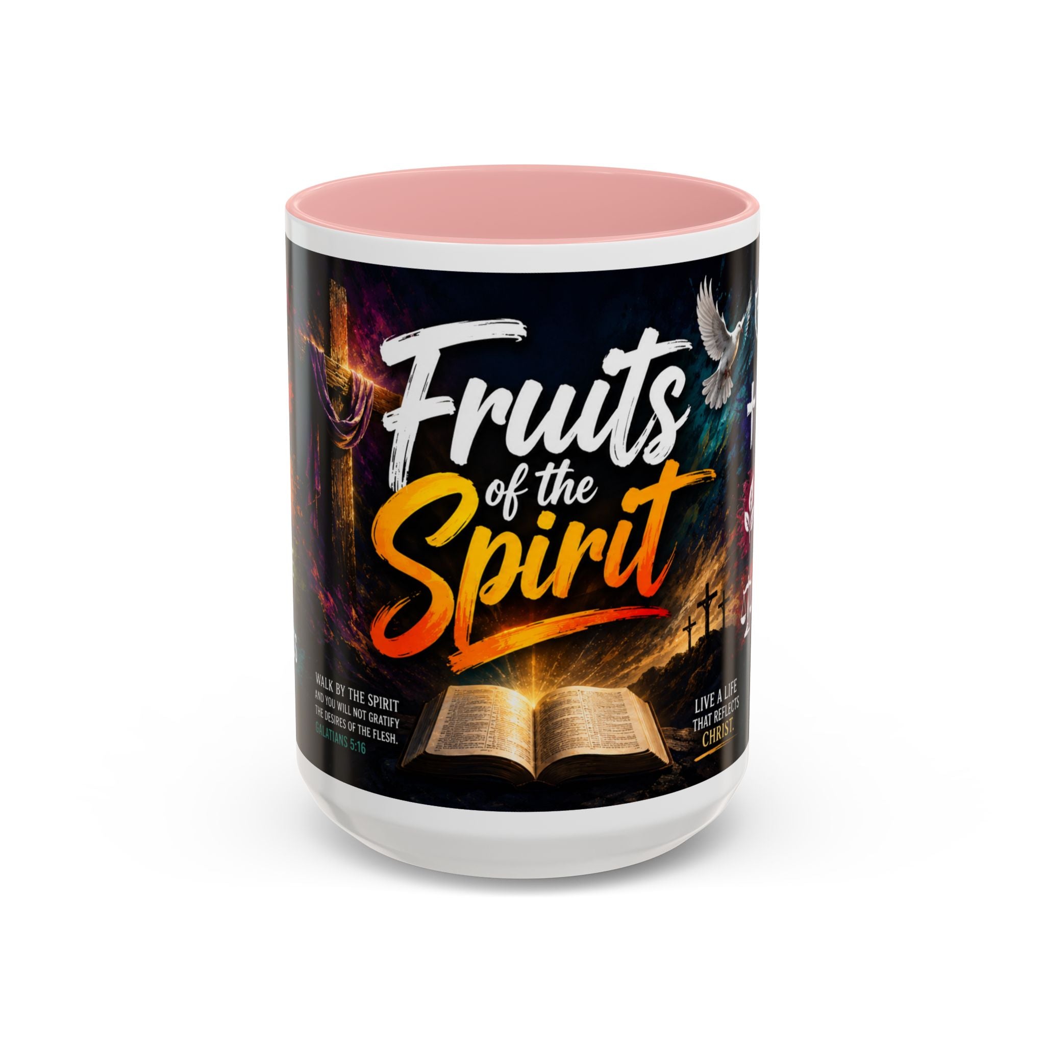 Pink 15 oz Mug with 'Fruits of the Spirit' design on a white background