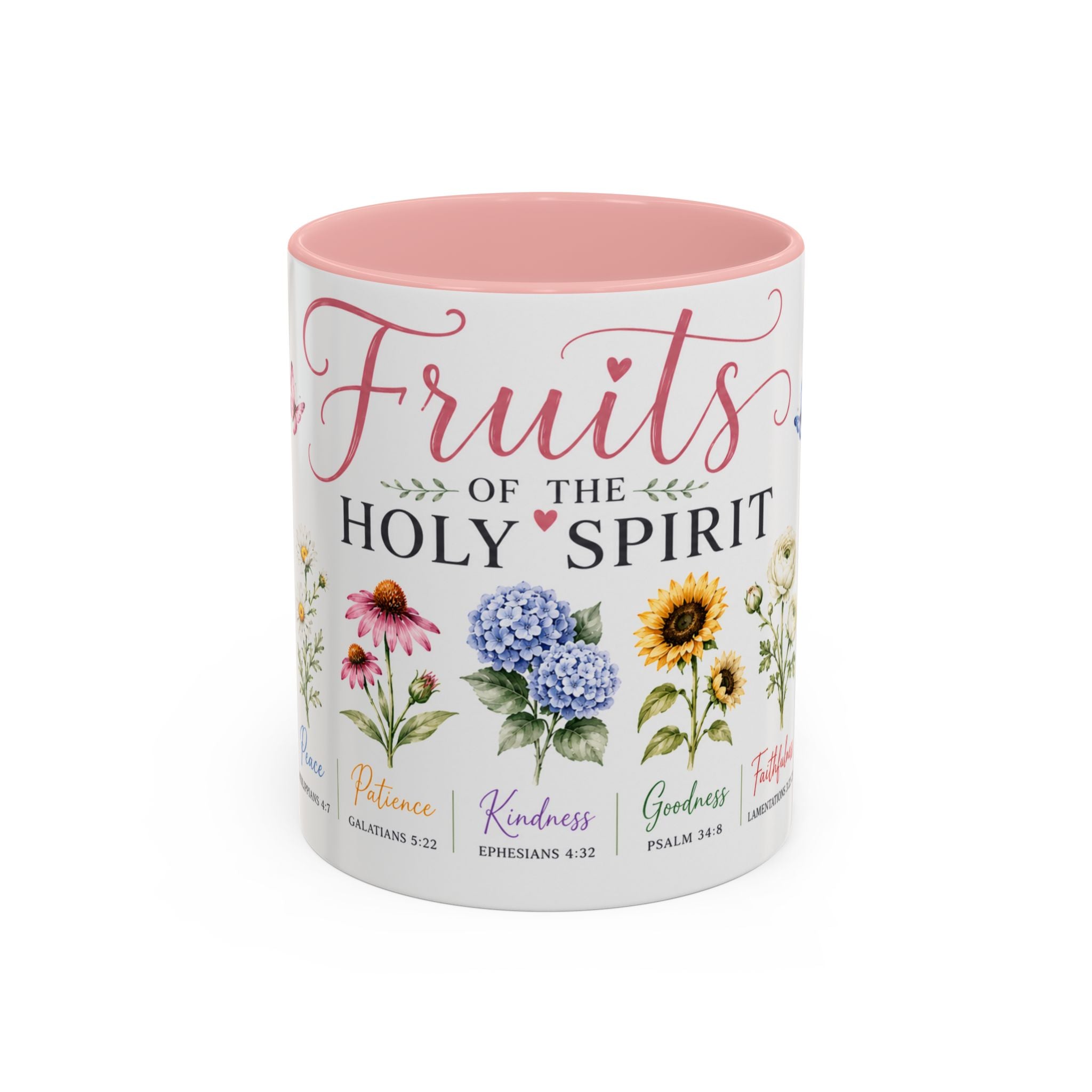 11oz Mug with floral designs and text about the fruits of the Holy Spirit on a white background