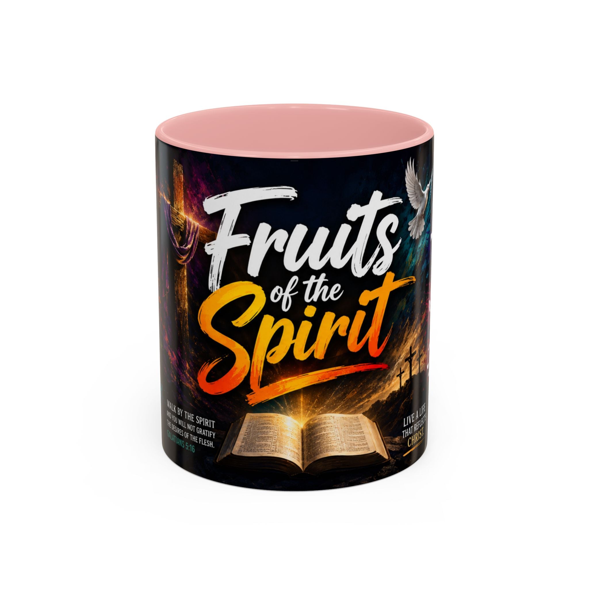 Pink Mug with 'Fruits of the Spirit' text and colorful design on a white background