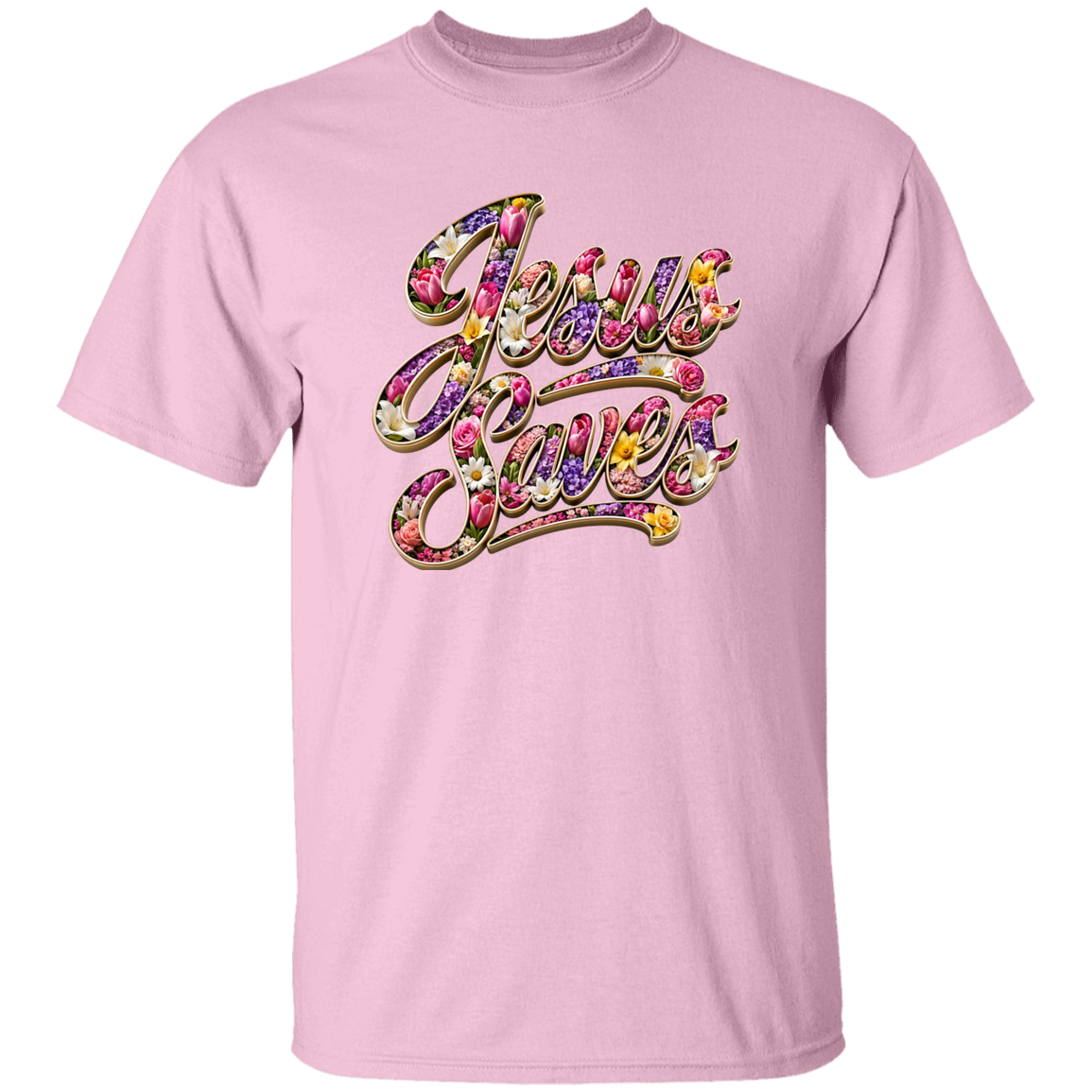 Pink t-shirt with 'Jesus Loves' text in colorful floral design on a white background