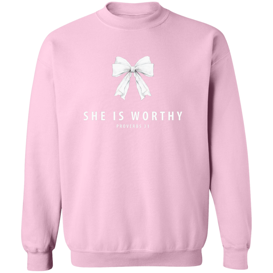 Pink sweatshirt with a white bow and she is worthy Proverbs 31 scripture on a white background