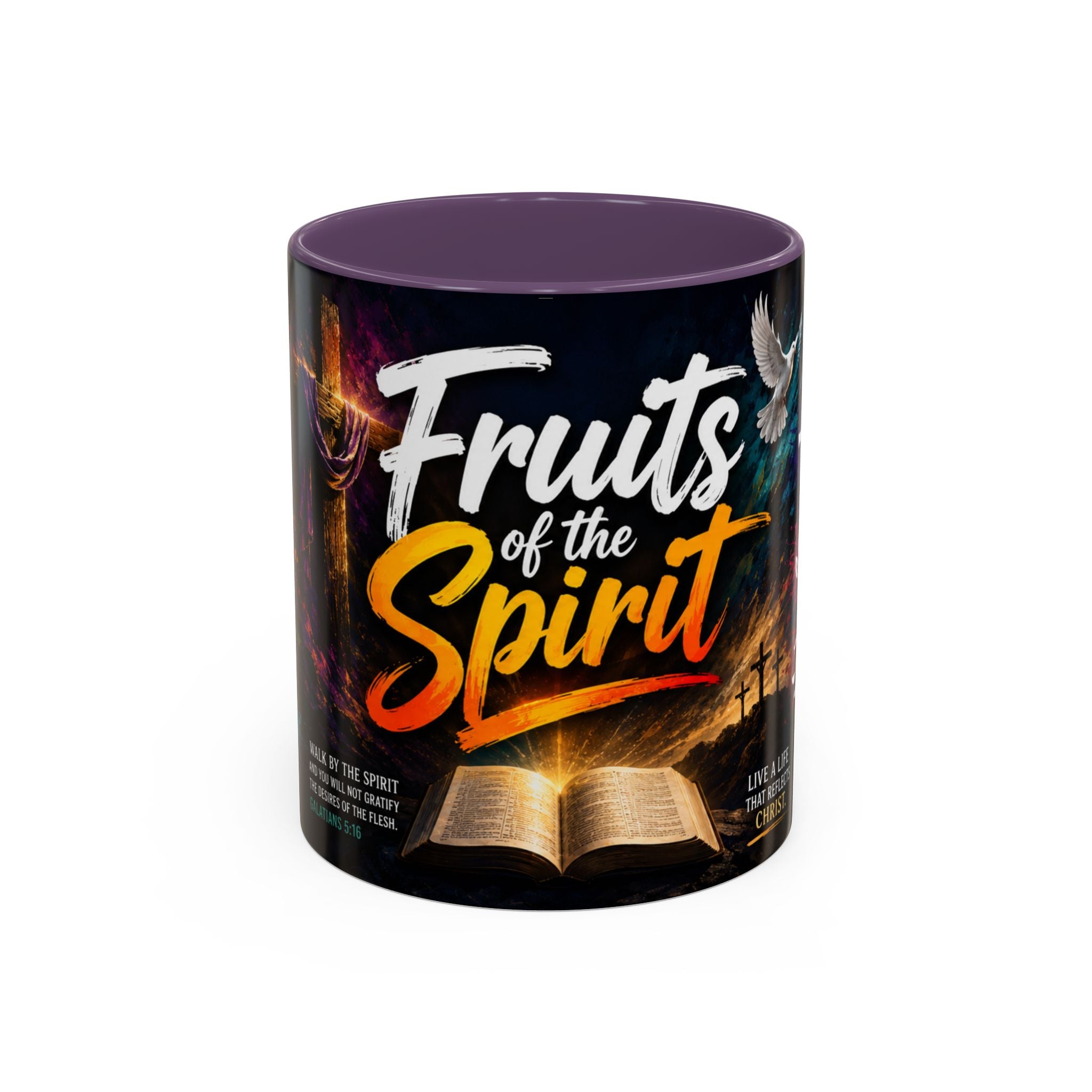 Purple Mug with 'Fruits of the Spirit' design on a white background