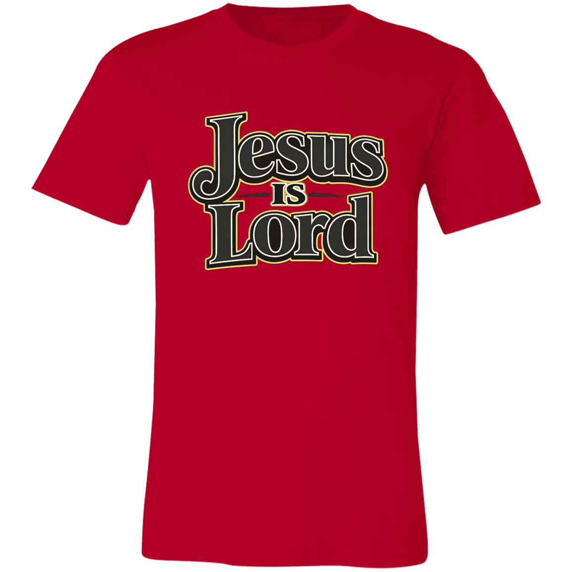 Red t-shirt with 'Jesus is Lord' text on a white background