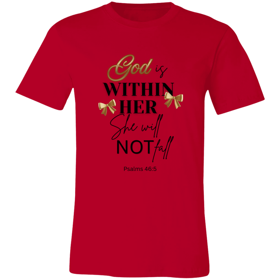 Red t-shirt with motivational quote and gold bows on a white background