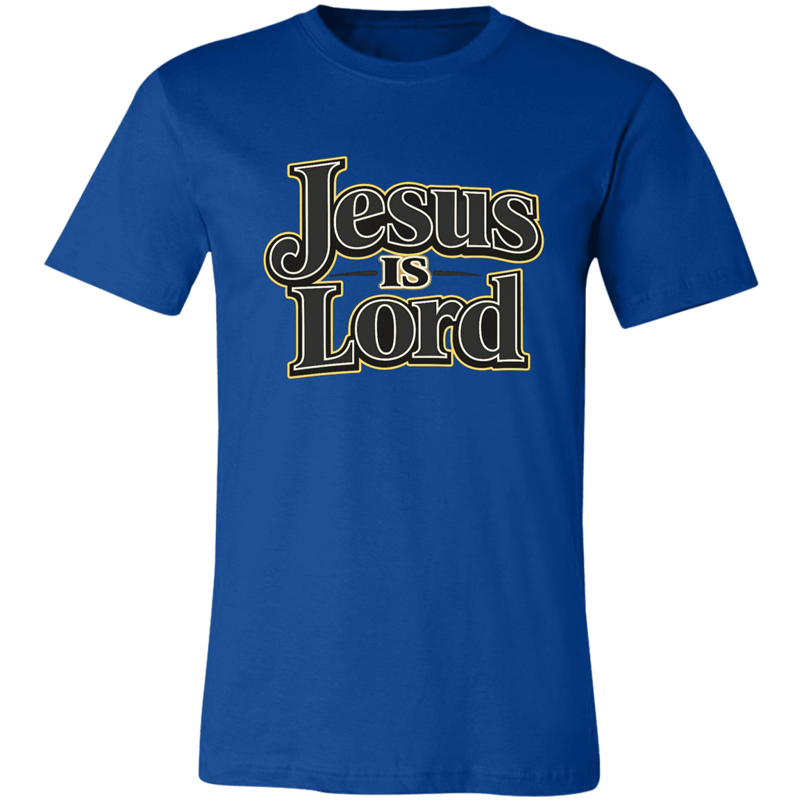Royal Blue t-shirt with 'Jesus is Lord' text on a white background