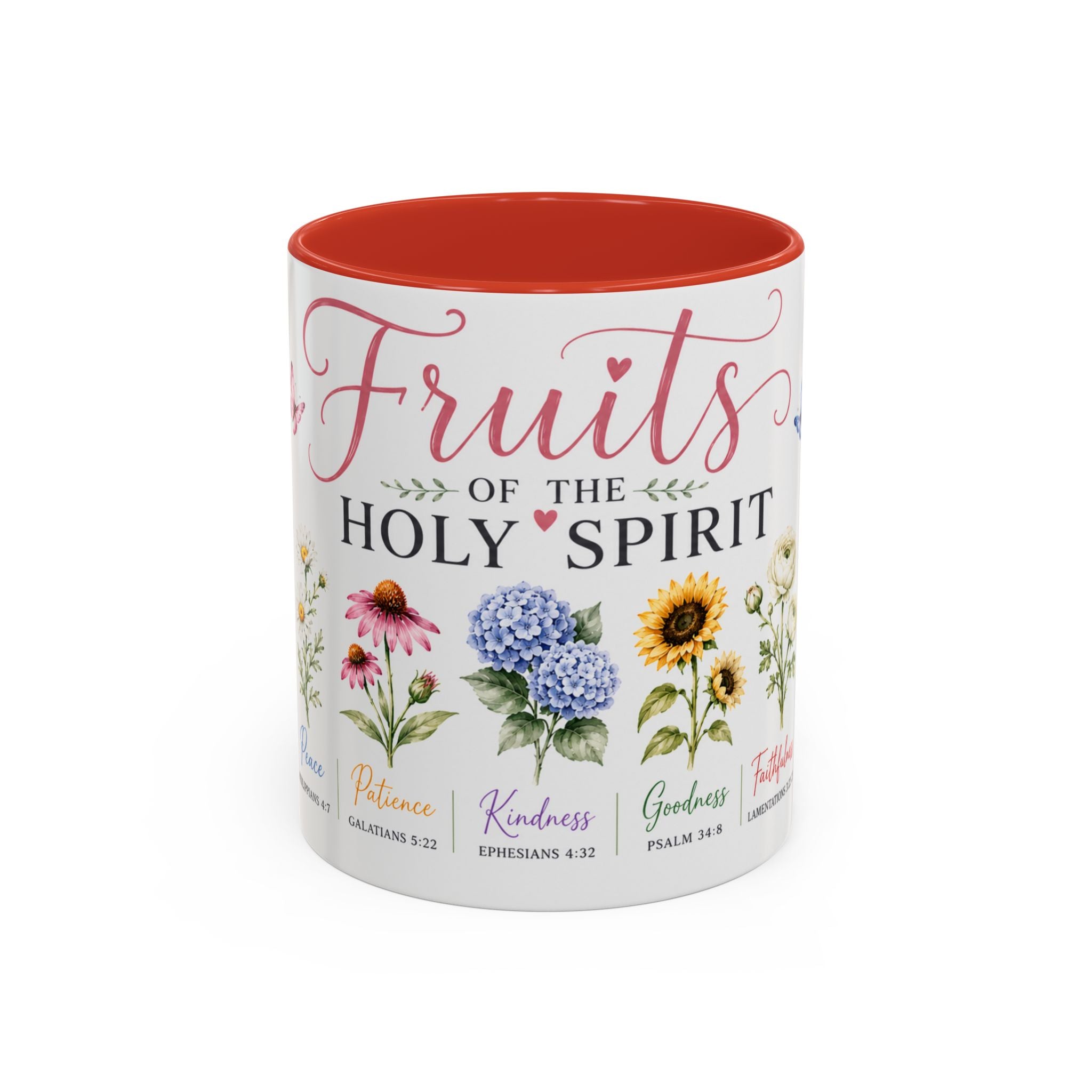 11 oz Mug with floral designs and text on a white background