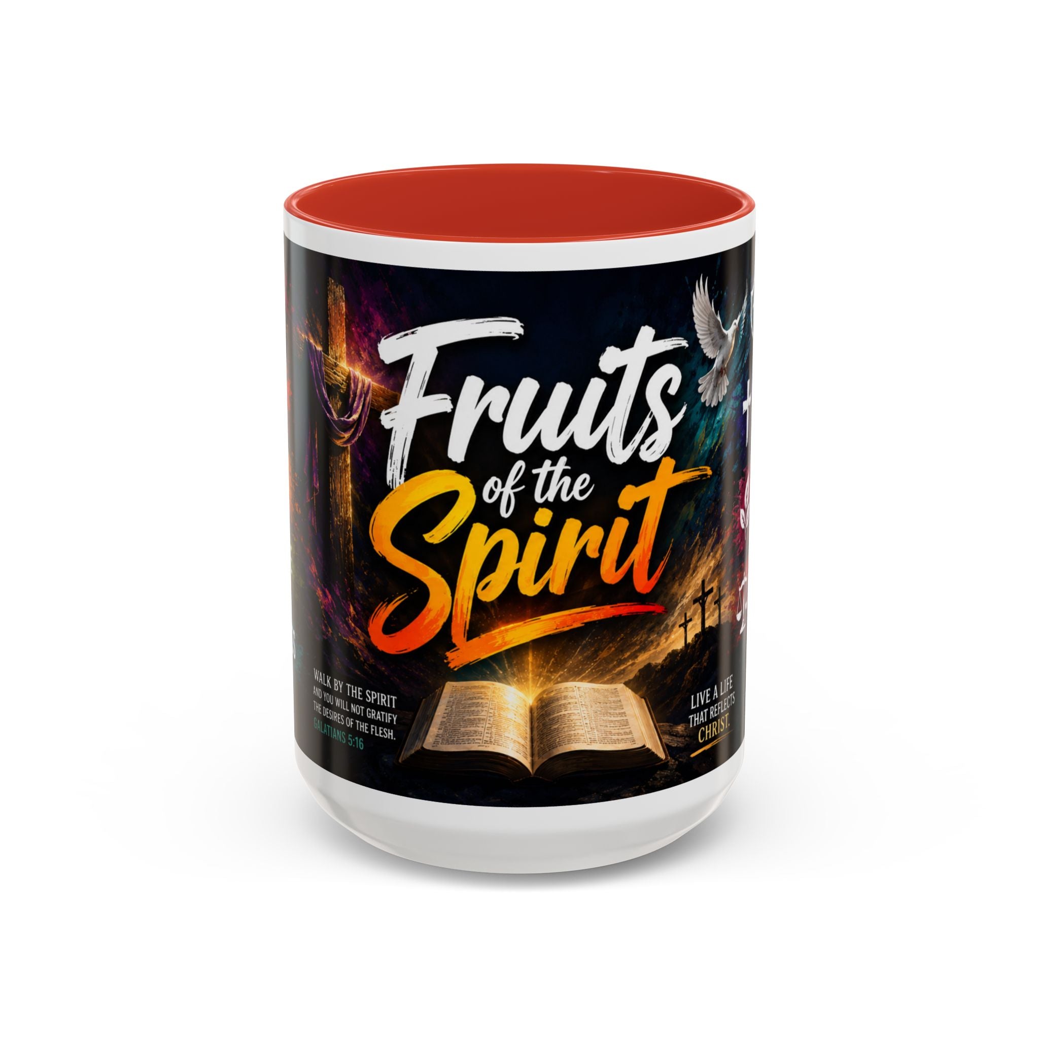 Red 15 oz Mug with 'Fruits of the Spirit' design on a white background