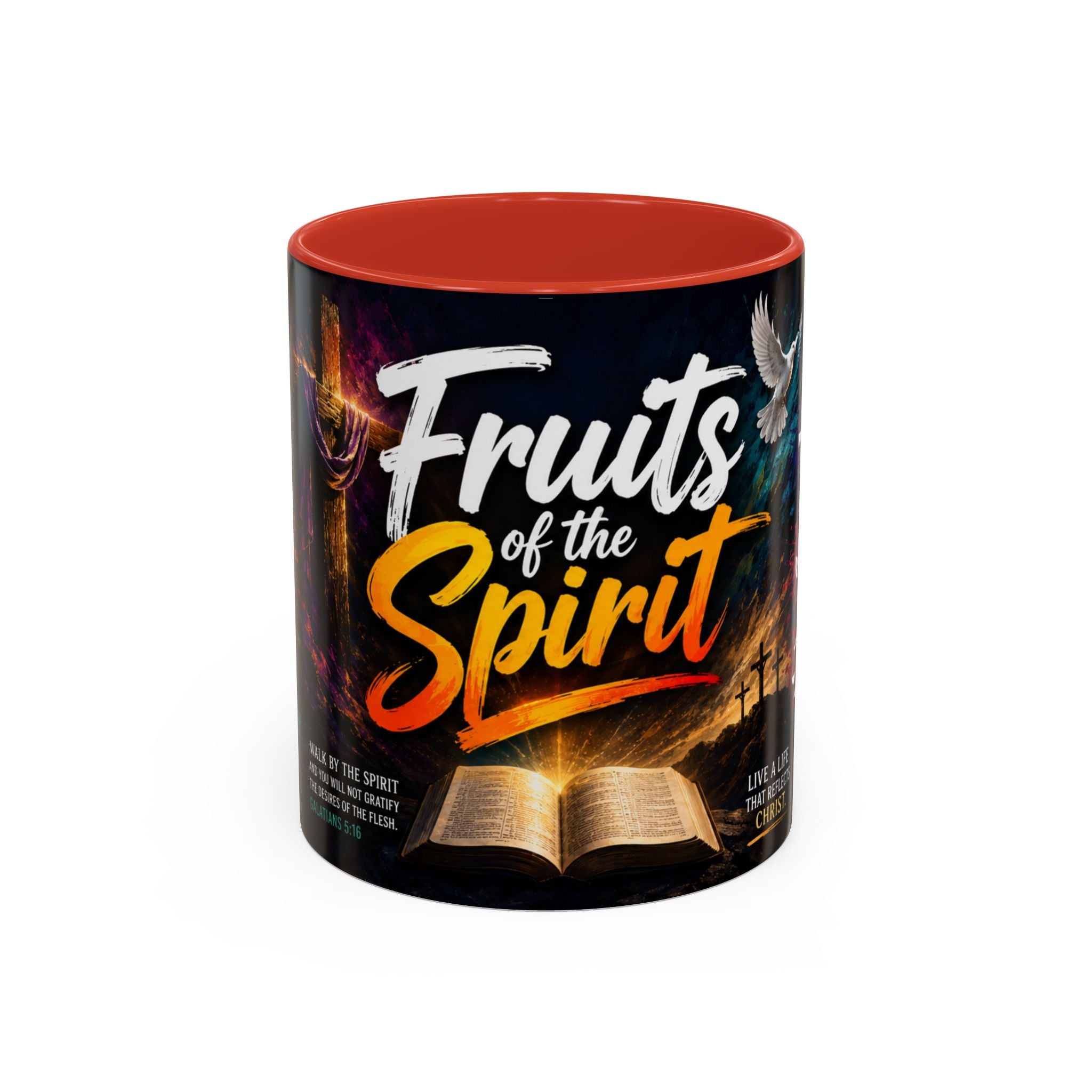 Red Mug with 'Fruits of the Spirit' design on a white background