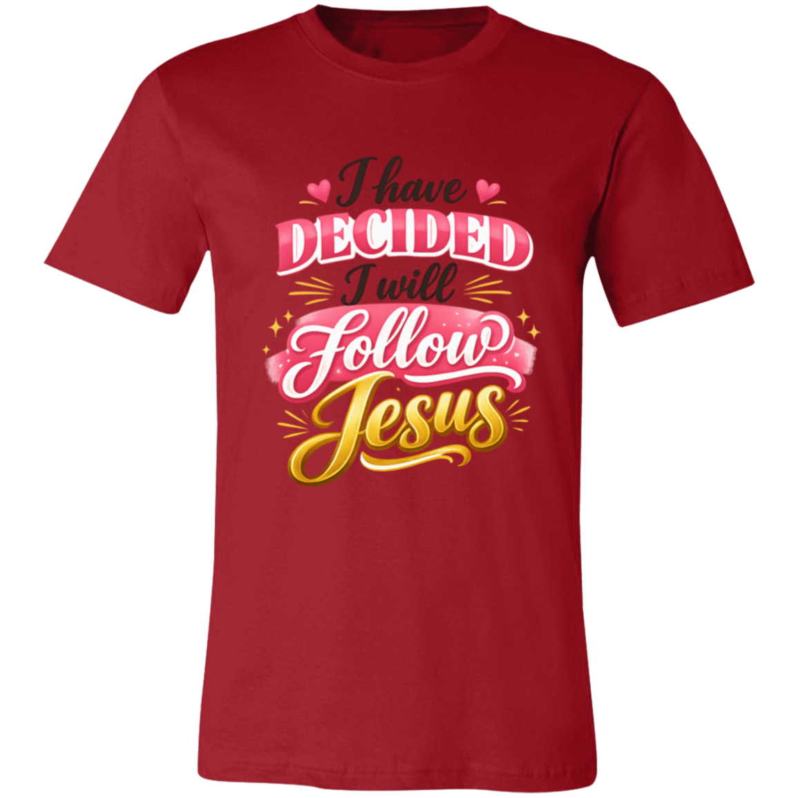 Red t-shirt with 'I have Decided I will Follow Jesus' text design on a white background
