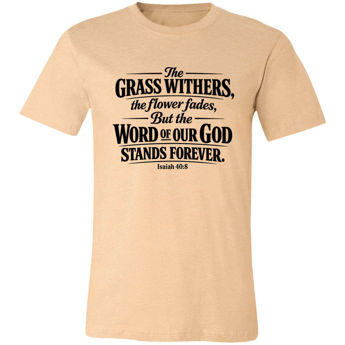 Beige t-shirt with black text on a white background