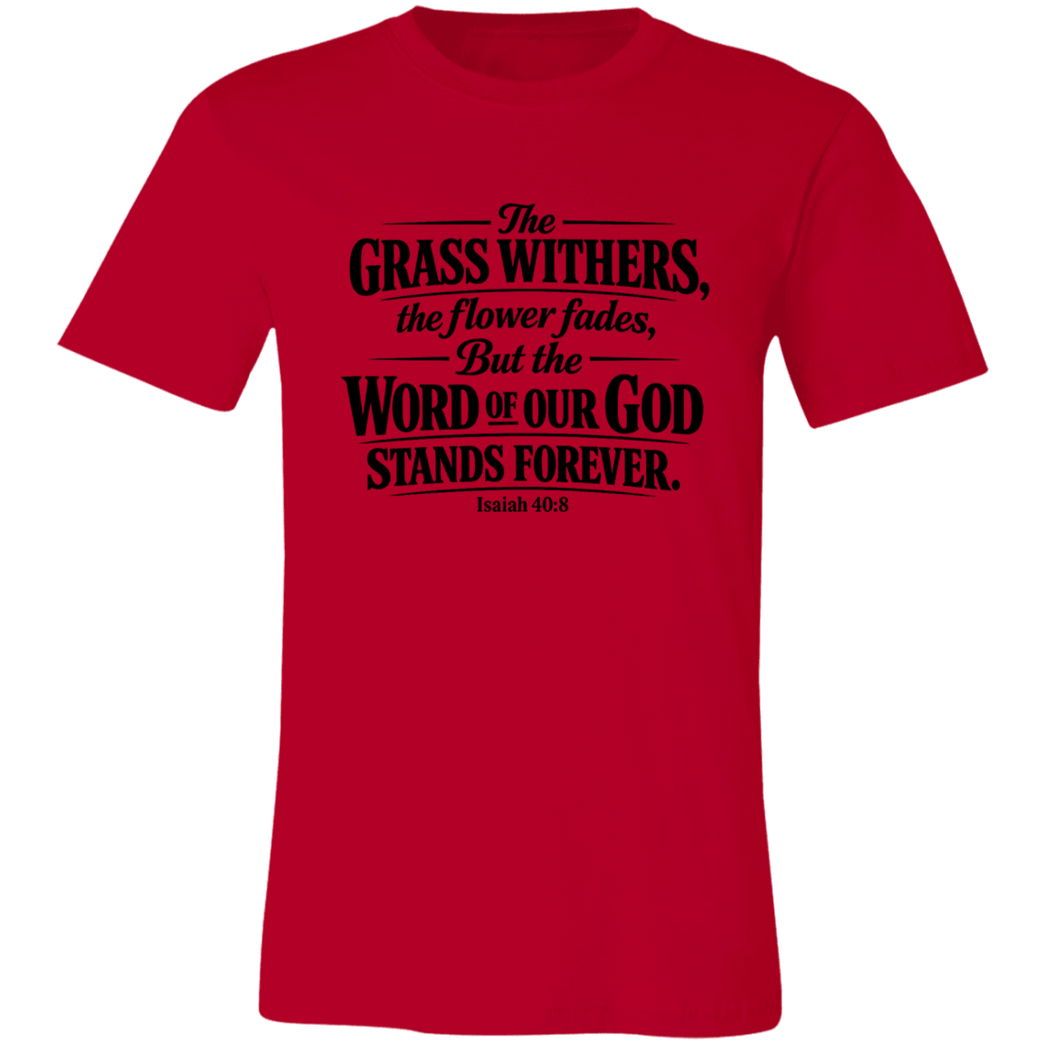 Red t-shirt with black text on a white background