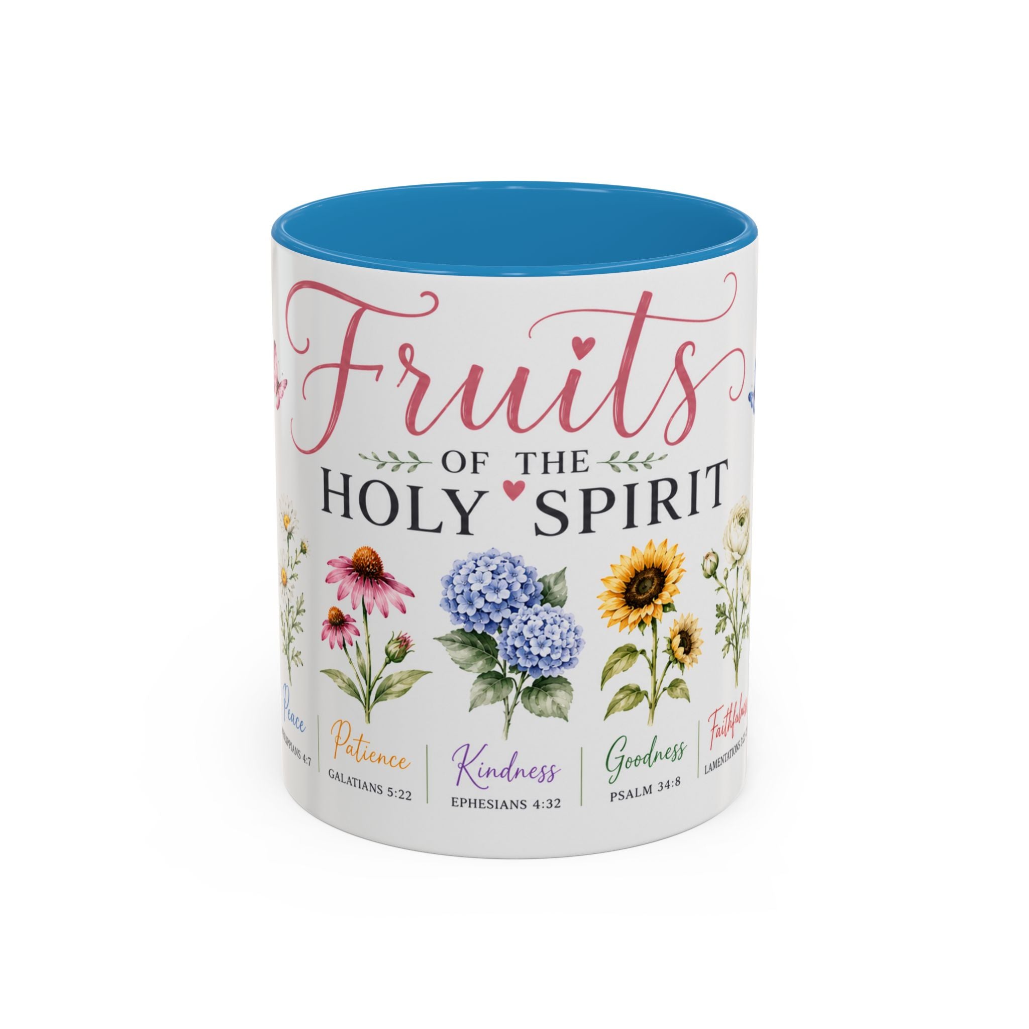 11 oz Mug with floral designs and text about the fruits of the Holy Spirit on a white background