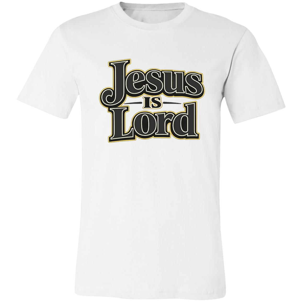 White t-shirt with 'Jesus is Lord' text in gold and black on a white background