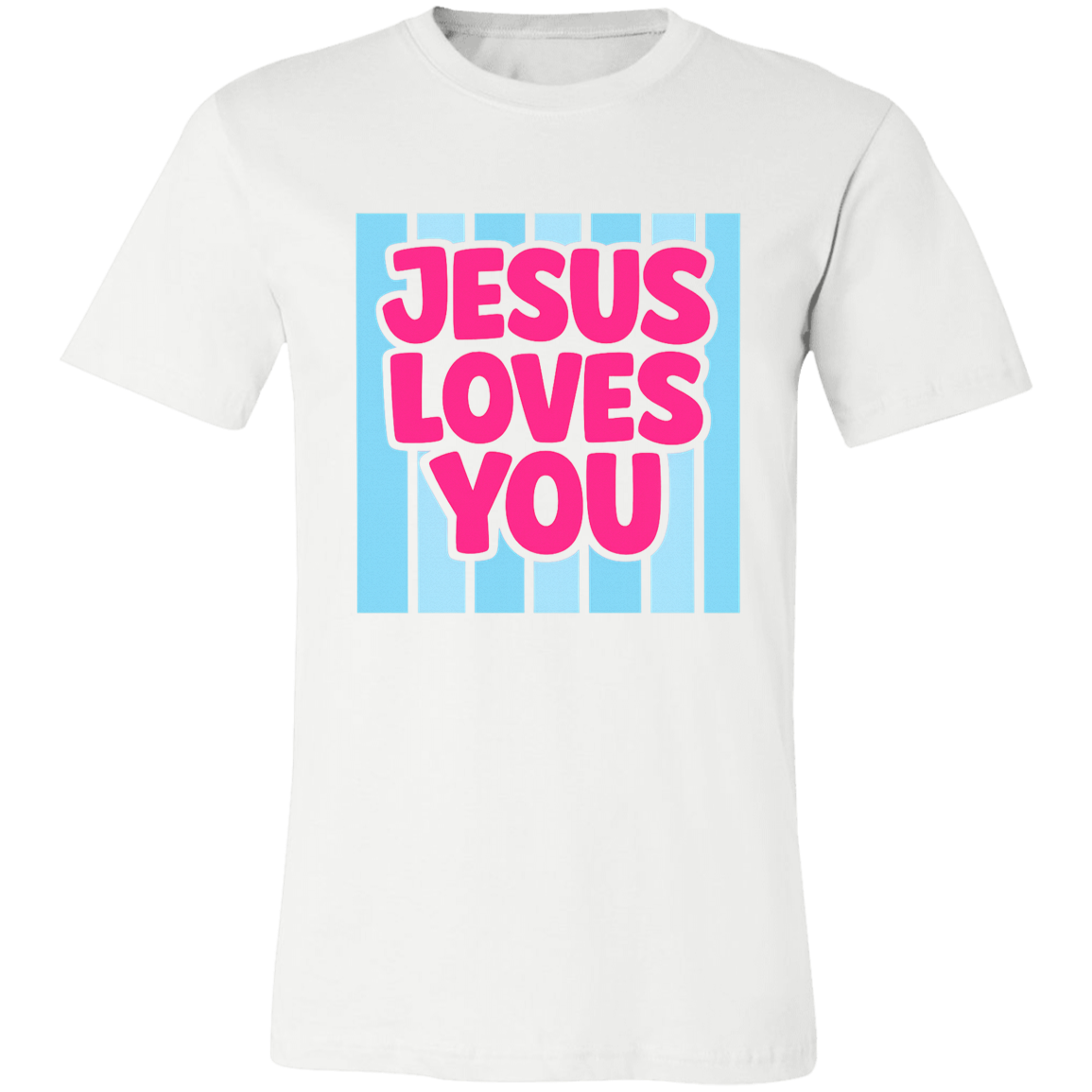 White t-shirt with 'Jesus Loves You' text in pink and blue on a white background