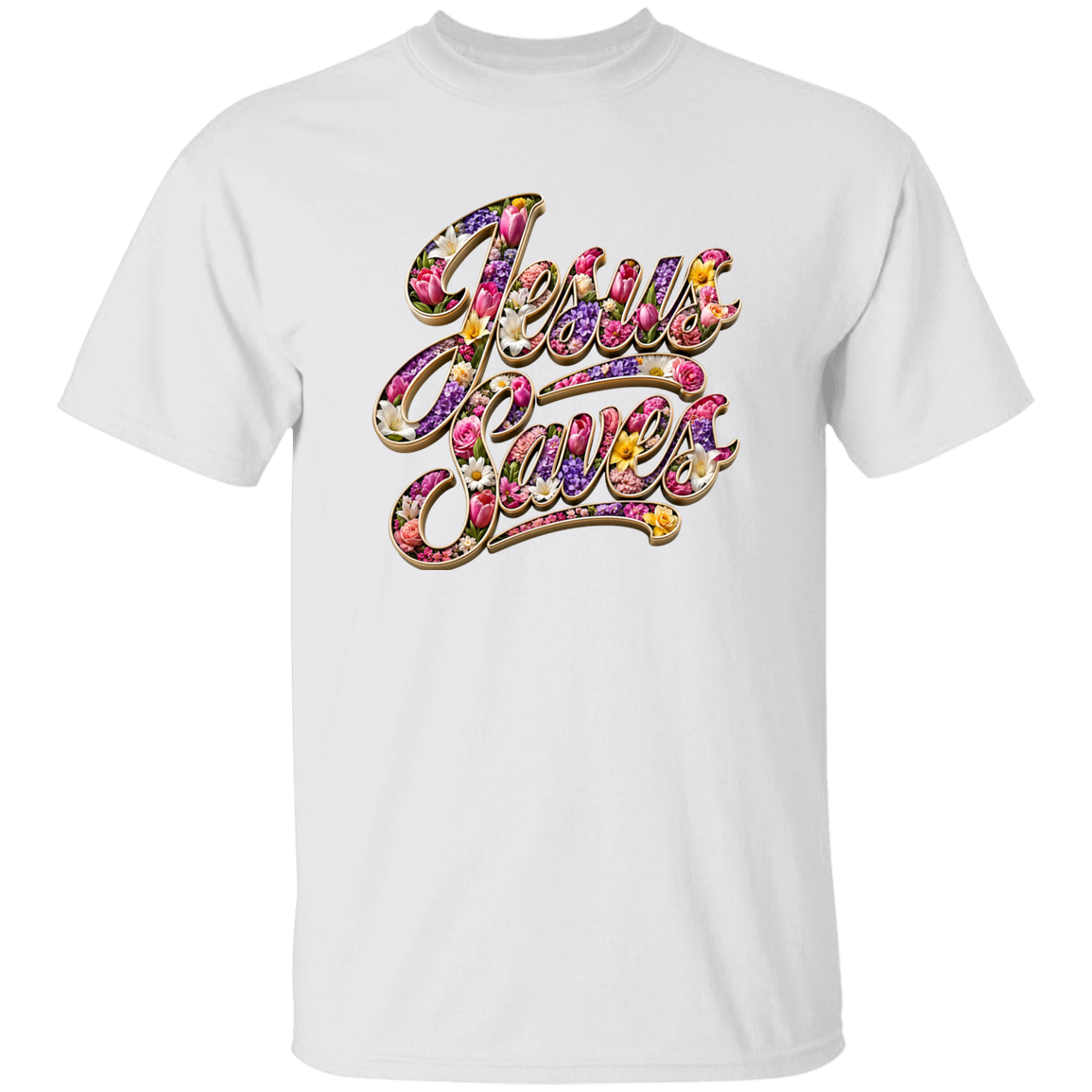 White t-shirt with 'Jesus Loves' text in colorful floral design on a white background
