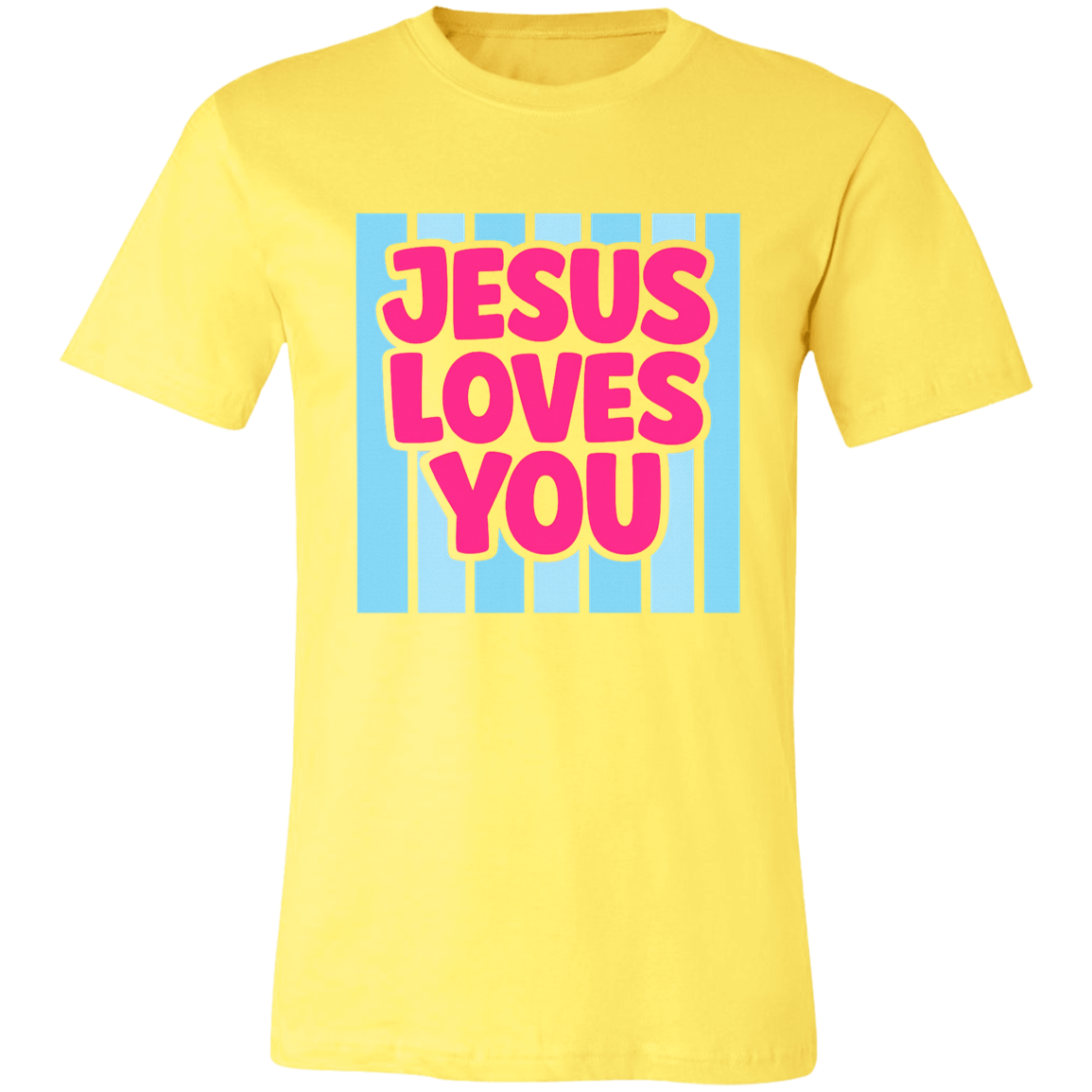 Yellow t-shirt with 'Jesus Loves You' text in pink and blue on a white background