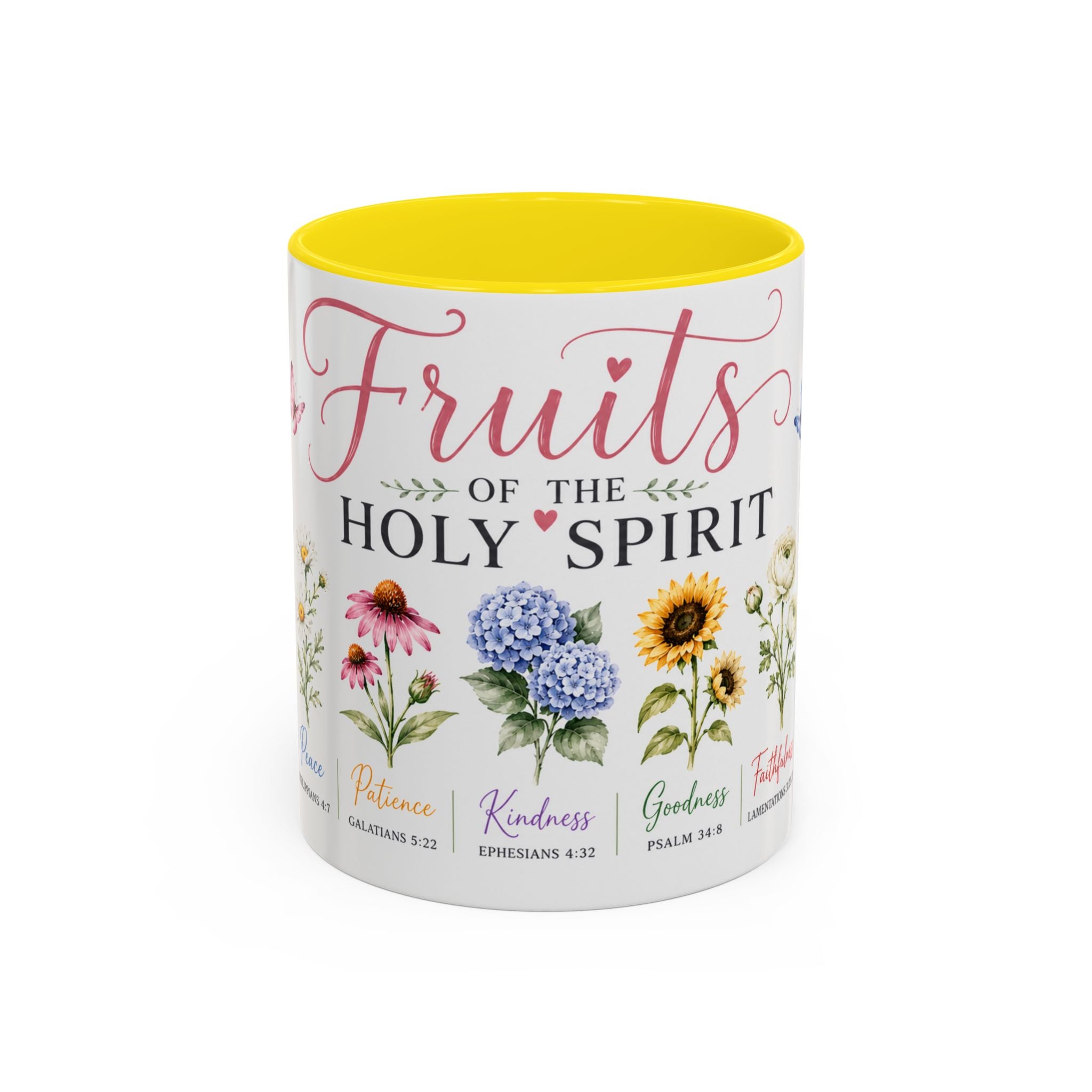11 oz Mug with floral designs and text about the fruits of the Holy Spirit on a white background