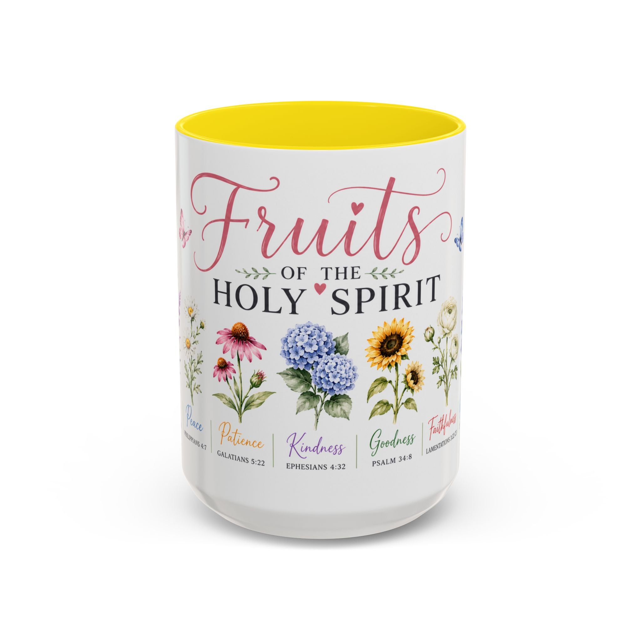 15 oz Decorative mug with floral designs and text on a white background