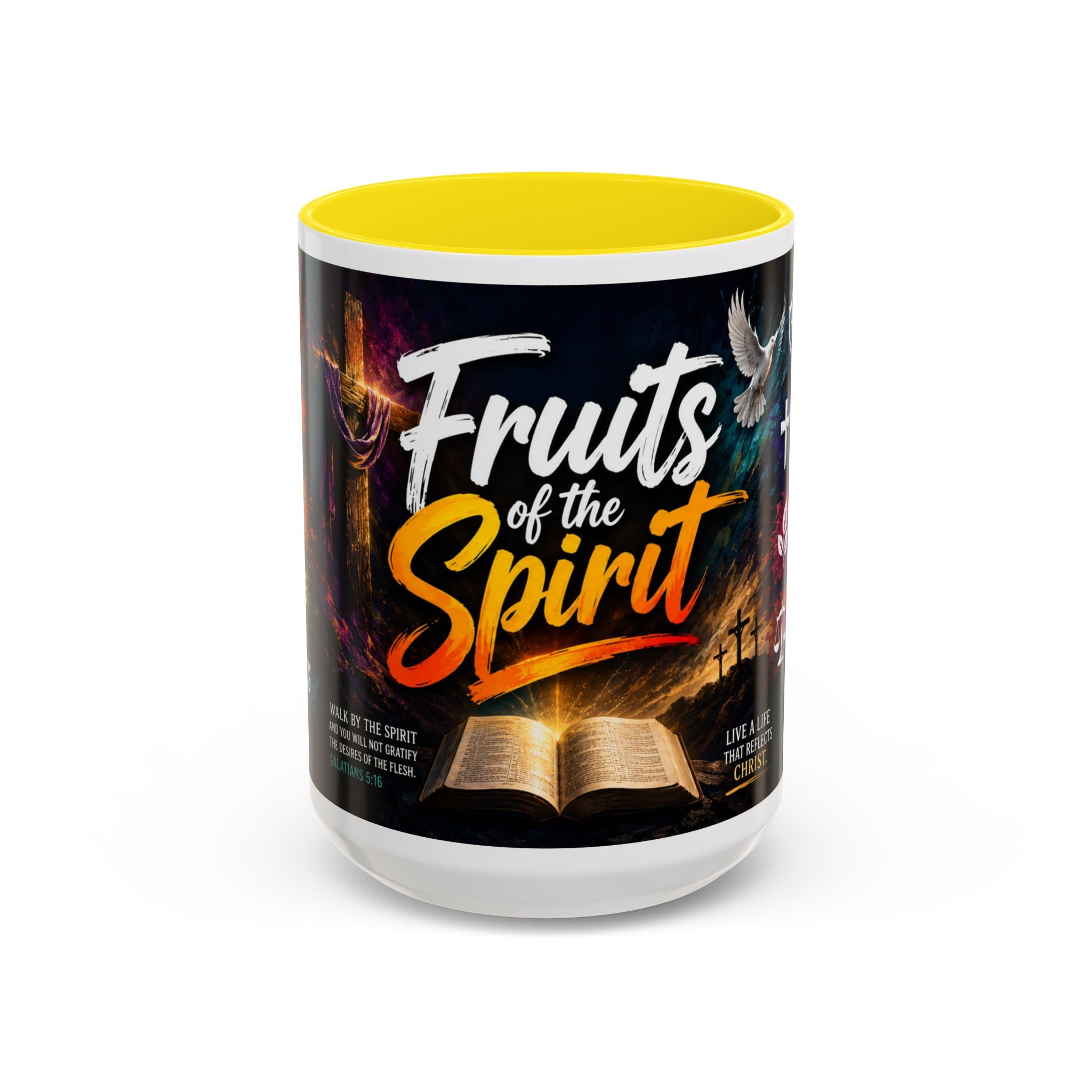 Yellow 15 oz Tumbler with 'Fruits of the Spirit' design on a white background