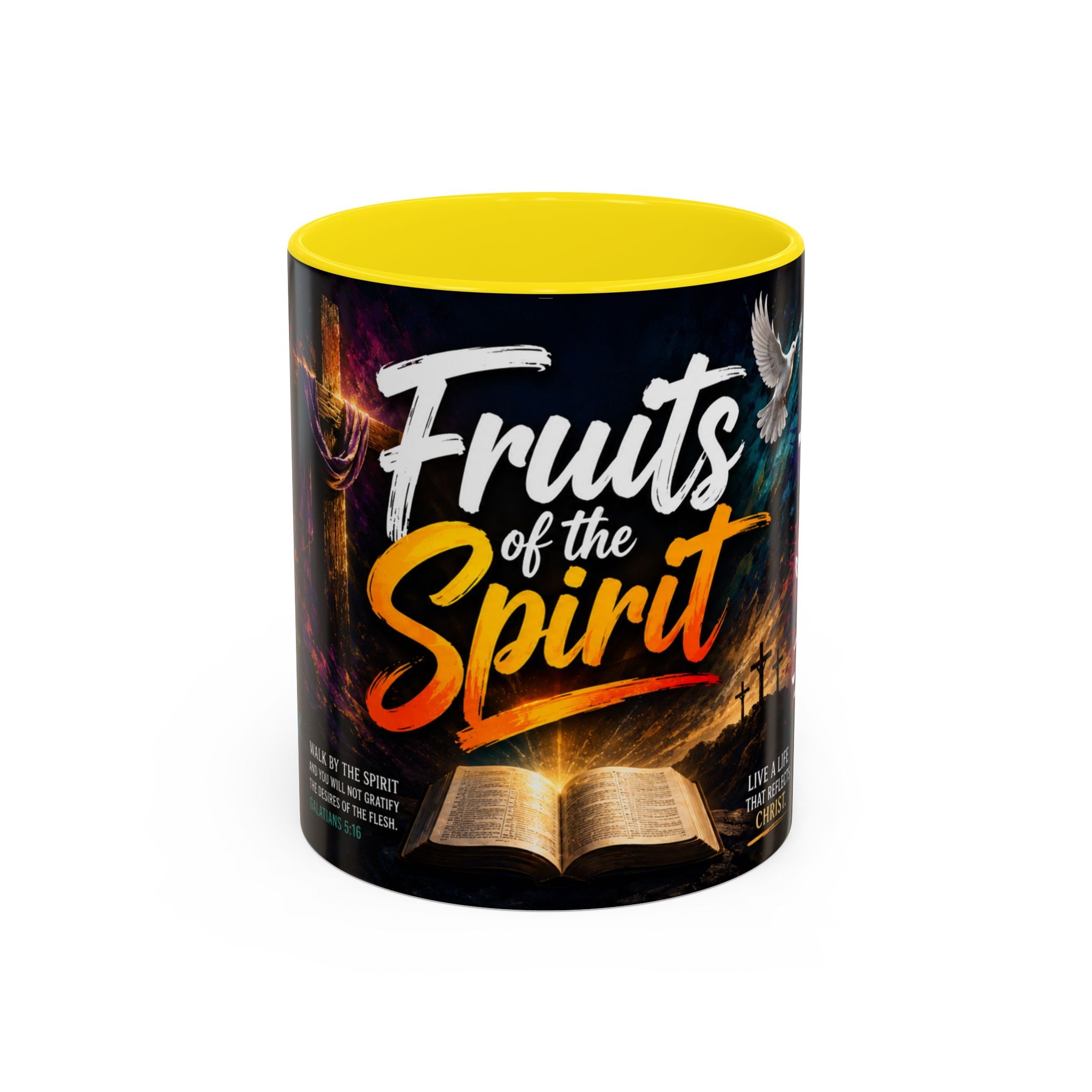 Yellow Mug with 'Fruits of the Spirit' design on a white background
