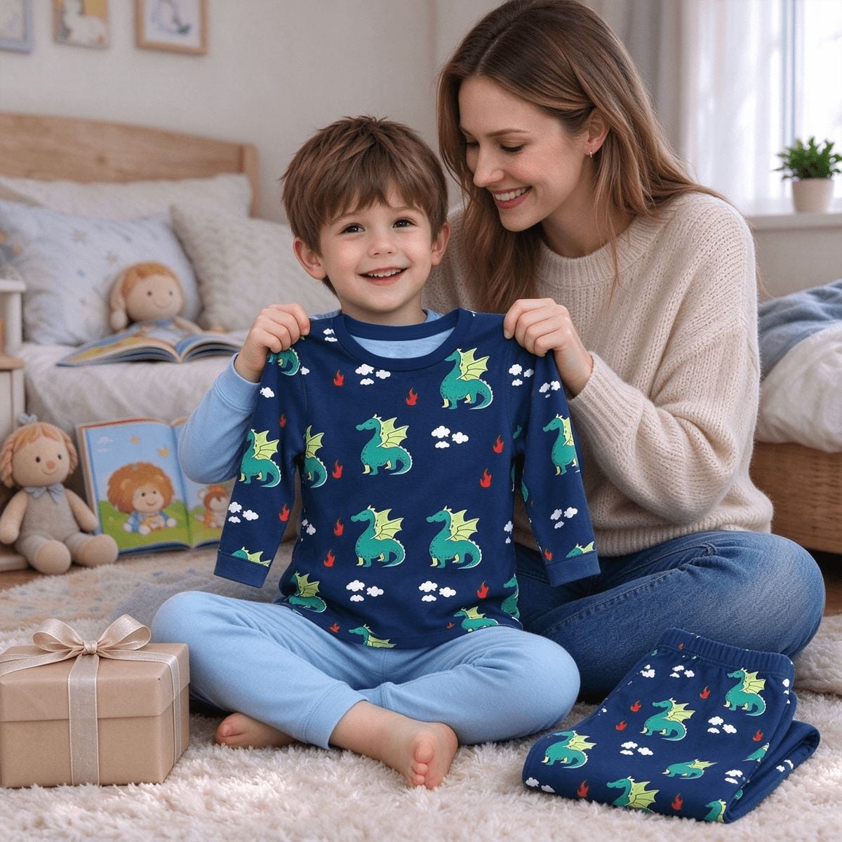 Kids Christmas Coloring Pajama Set – Cute Elf & Holiday Doodle Print, Long Sleeve Holiday PJs, Christmas Gift for Kids